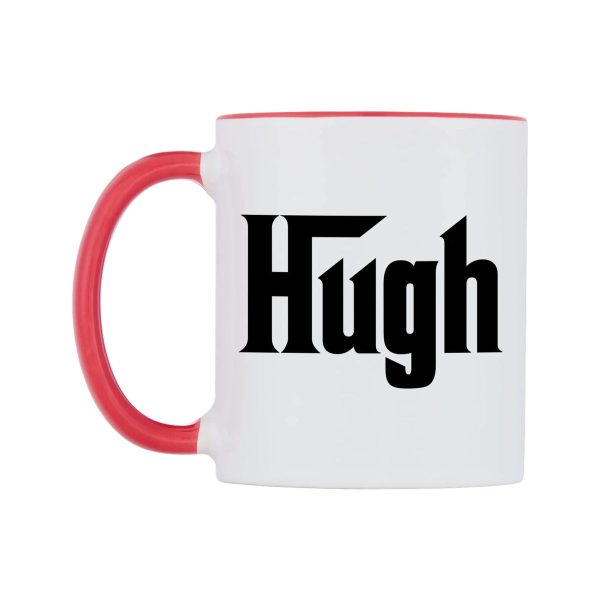 Hugh - Godfather Themed Mug — white 11oz gloss mug with a red inside and handle, right side, on a white background