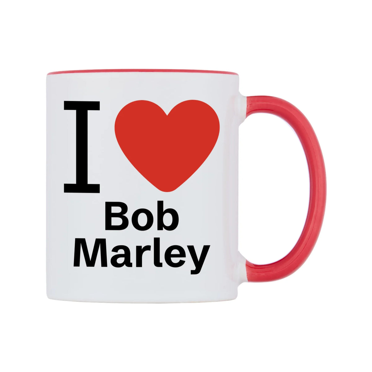 Bob Marley Mug — white 11oz gloss mug with a red inside and handle, left side, on a white background