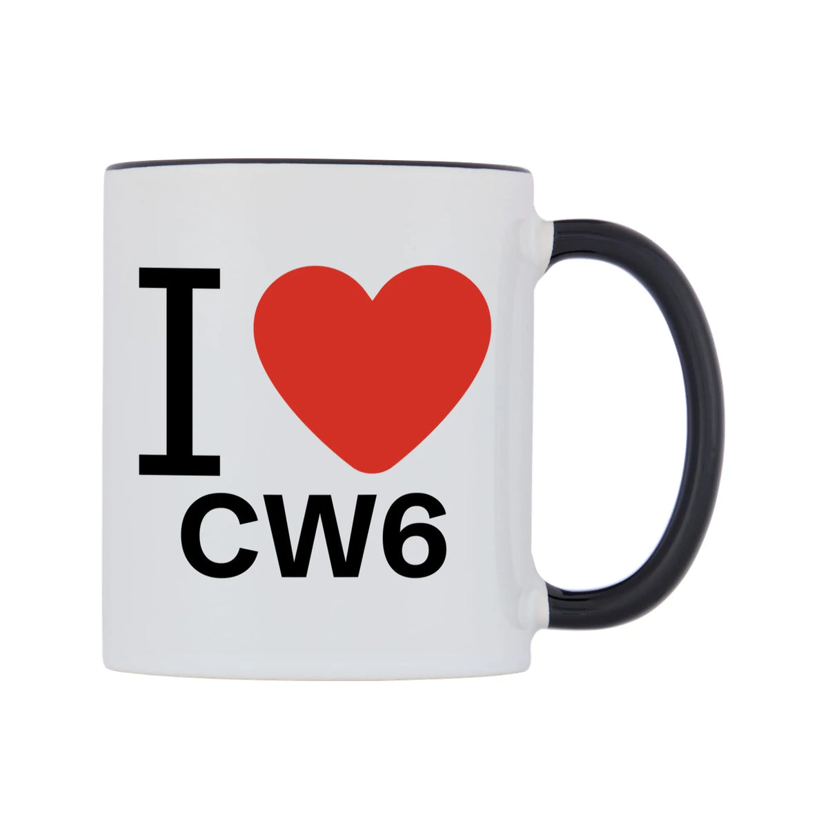 I Love CW6 Mug — white 11oz gloss mug with a black inside and handle, left side, on a white background