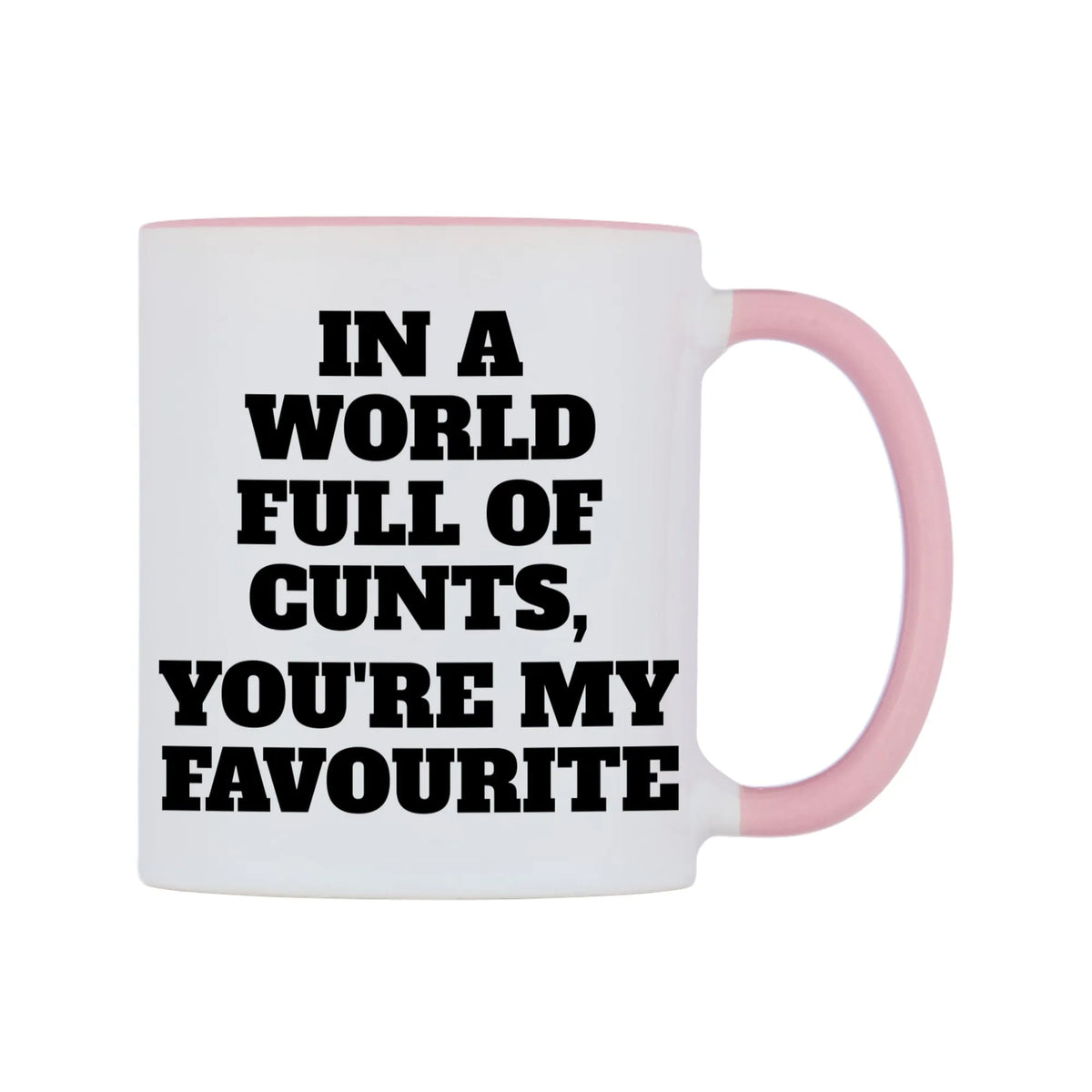In a world full of c**ts, you're my favourite Mug — white 11oz gloss mug with a pink inside and handle, left side, on a white background