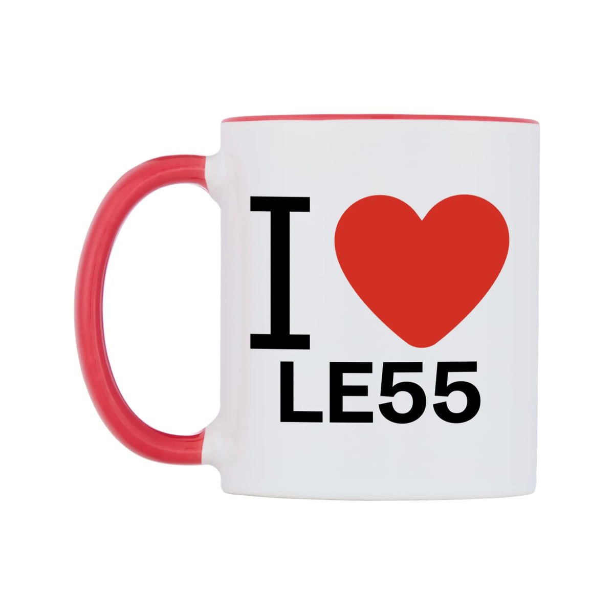 I Love LE55 Mug — white 11oz gloss mug with a red inside and handle, right side, on a white background