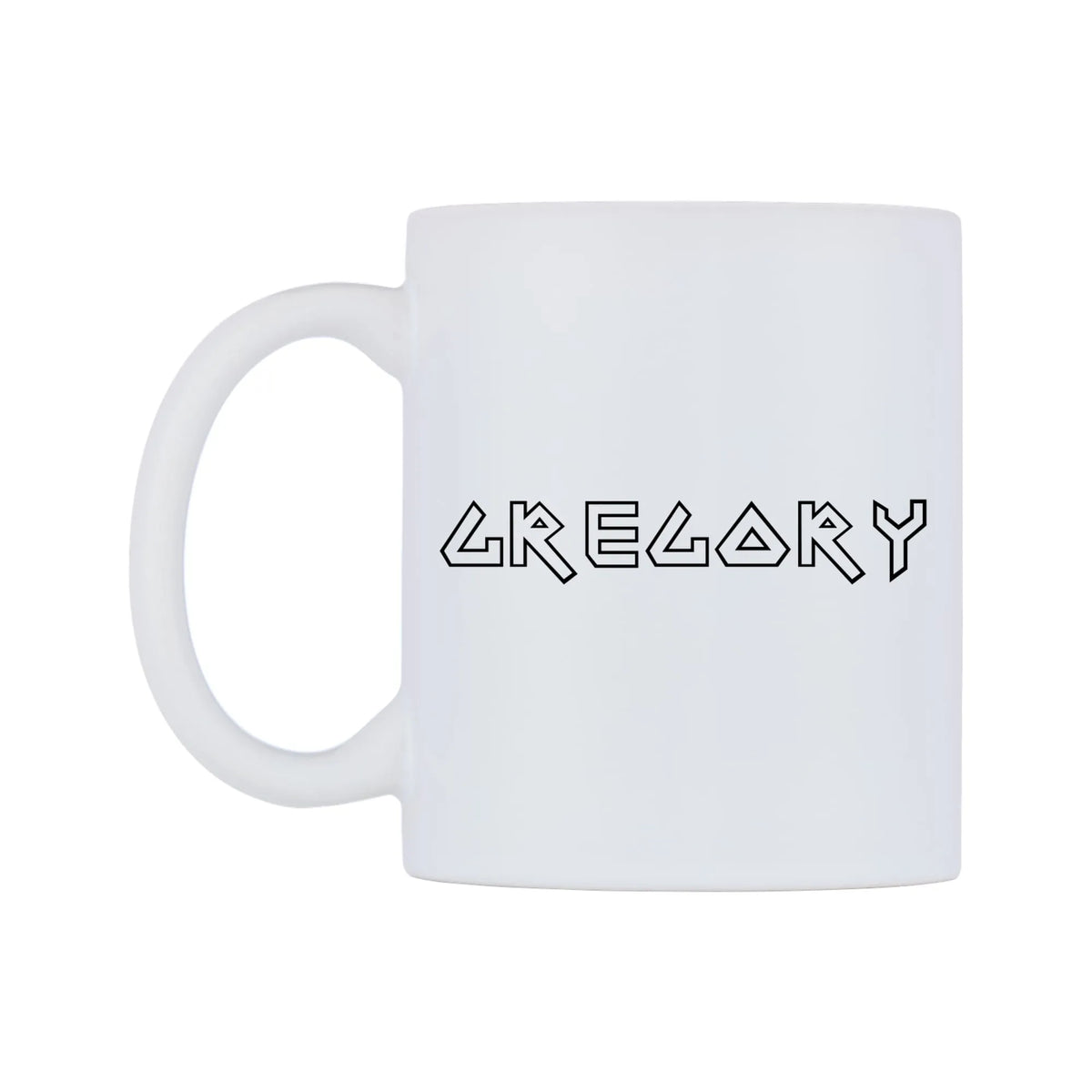 Gregory - Iron Maiden Themed Mug — white 11oz gloss mug, right side, on a white background
