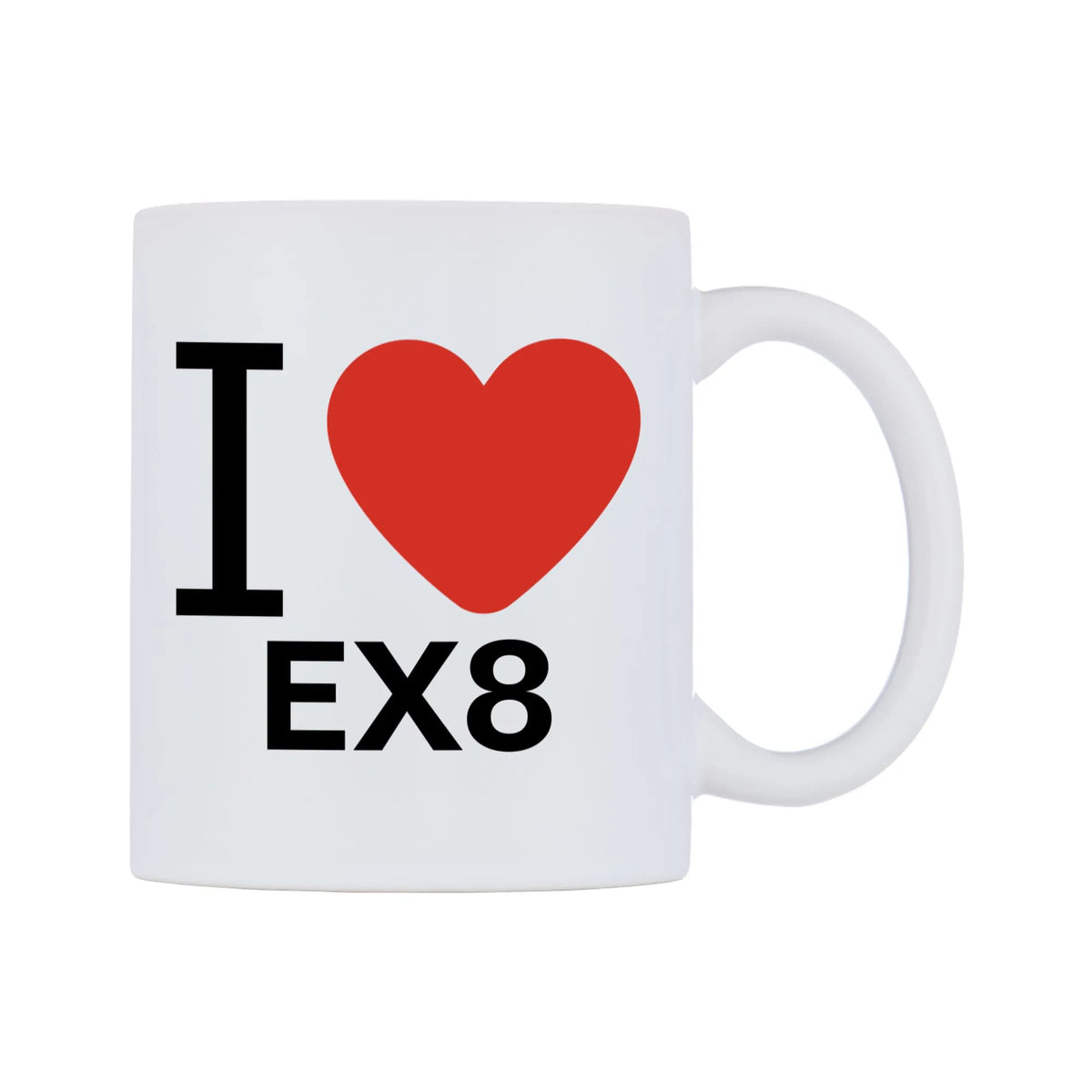 I Love EX8 Mug — white 11oz gloss mug, left side, on a white background