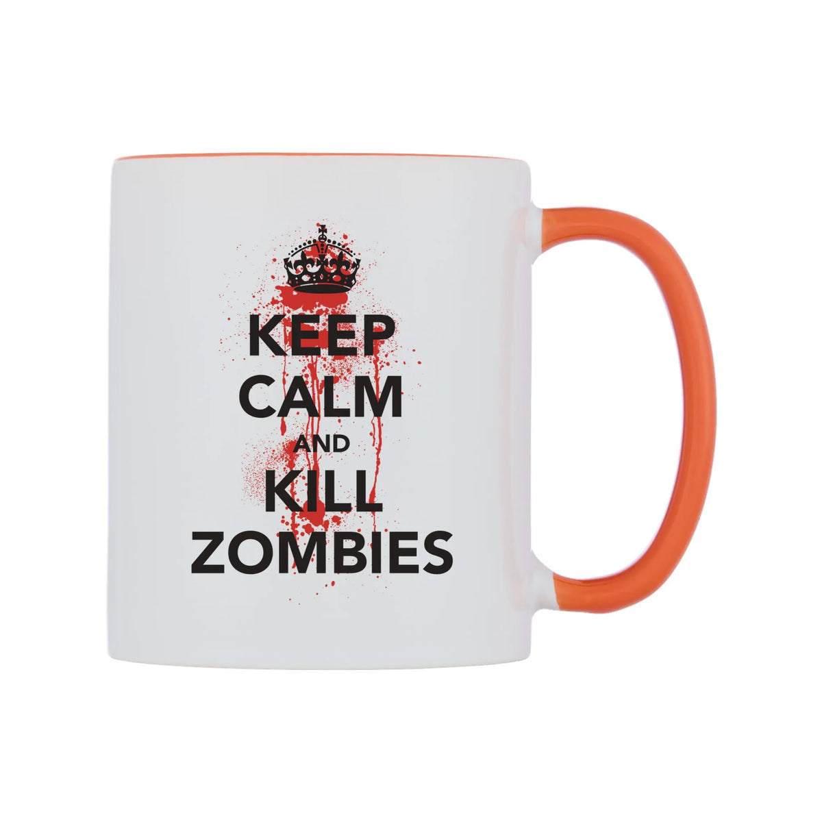 Keep Calm And Kill Zombies Mug — white 11oz gloss mug with a orange inside and handle, left side, on a white background