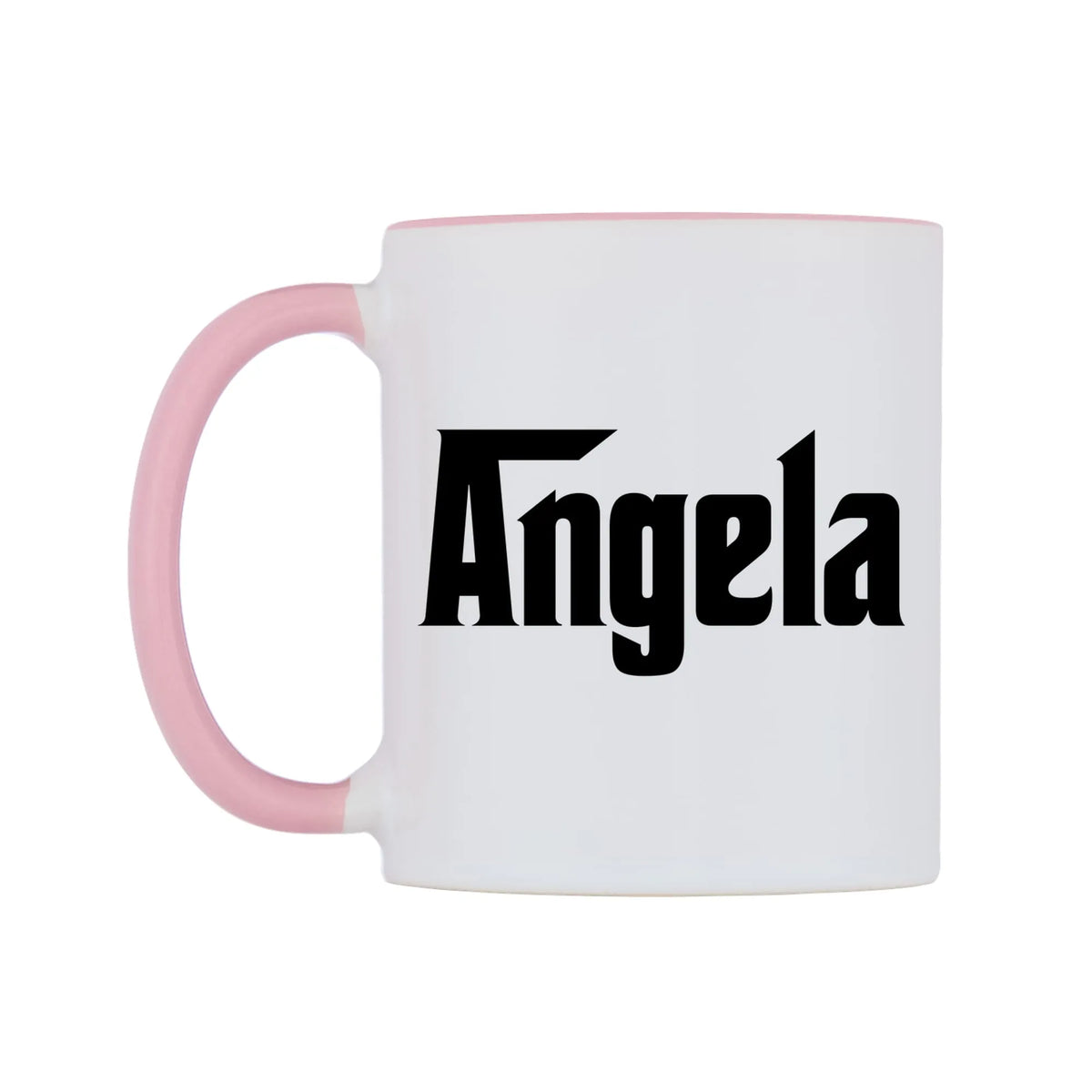 Angela - Godfather Themed Mug — white 11oz gloss mug with a pink inside and handle, right side, on a white background
