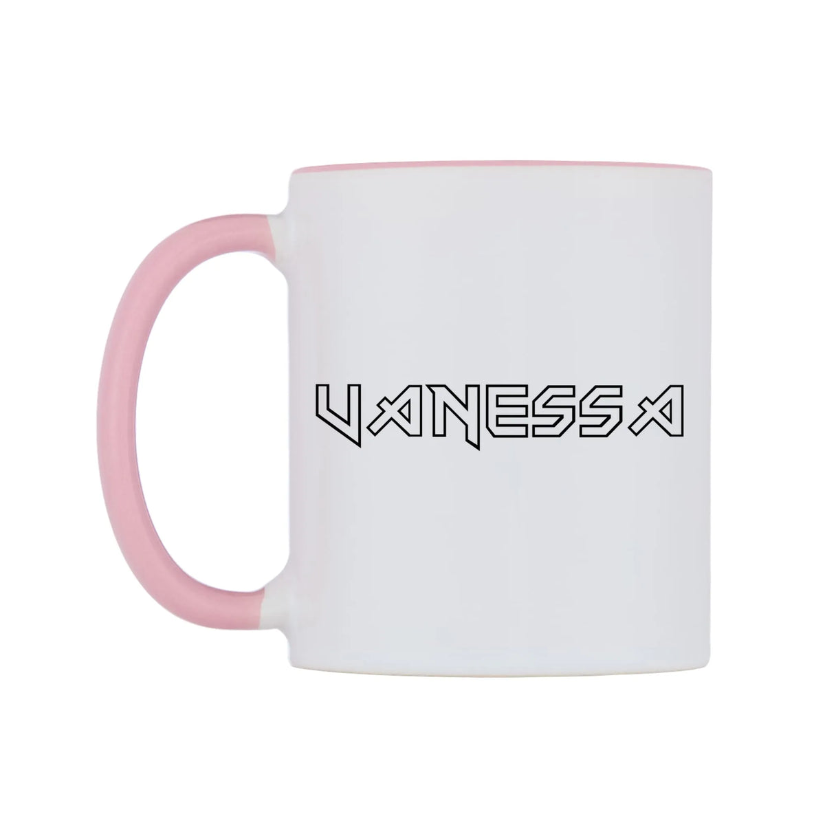 Vanessa - Iron Maiden Themed Mug — white 11oz gloss mug with a pink inside and handle, right side, on a white background