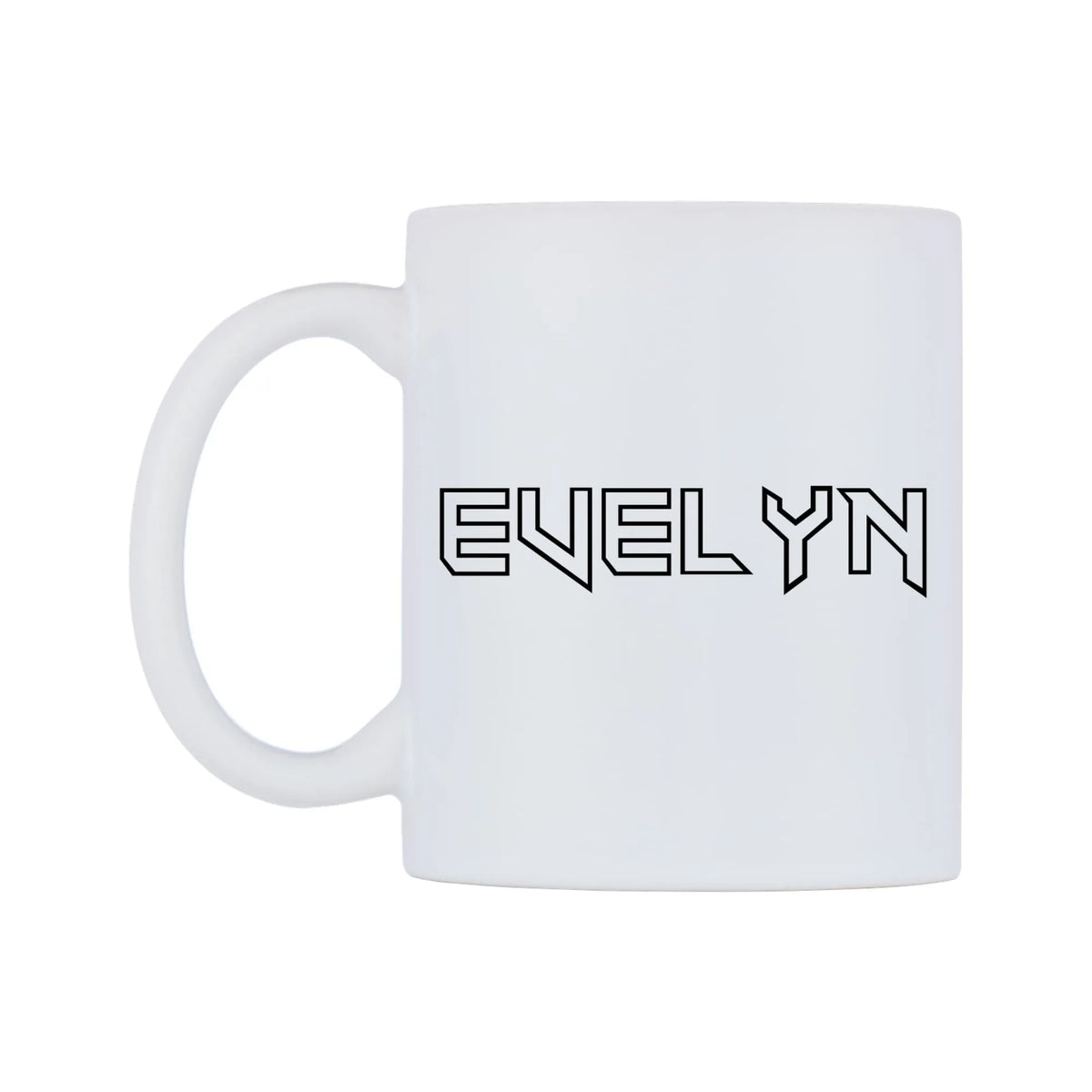 Evelyn - Iron Maiden Themed Mug — white 11oz gloss mug, right side, on a white background