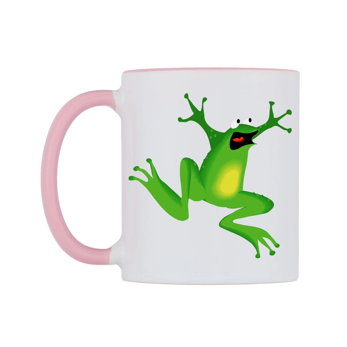 Dancing Frog Mug — white 11oz gloss mug with a pink inside and handle, right side, on a white background