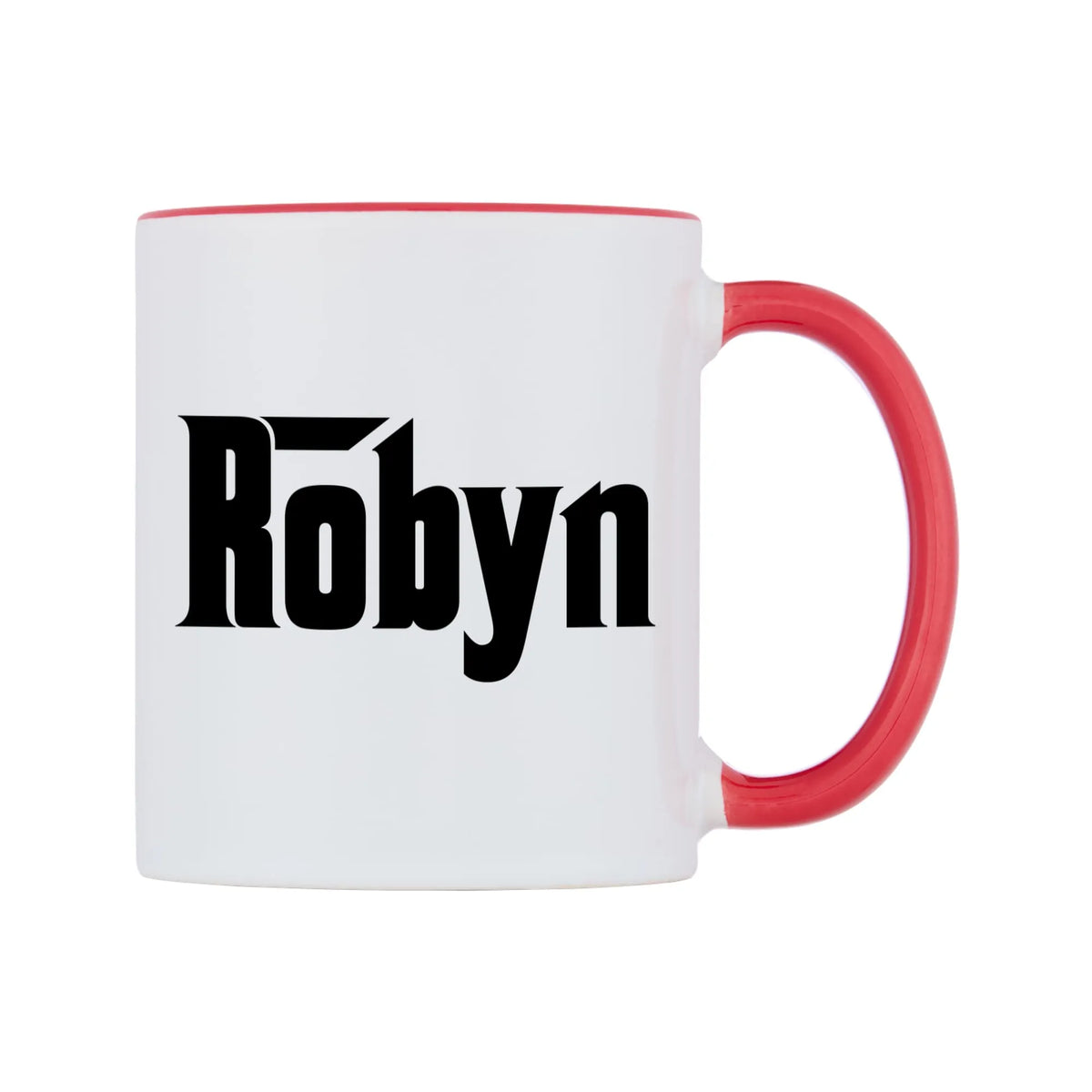 Robyn - Godfather Themed Mug — white 11oz gloss mug with a red inside and handle, left side, on a white background