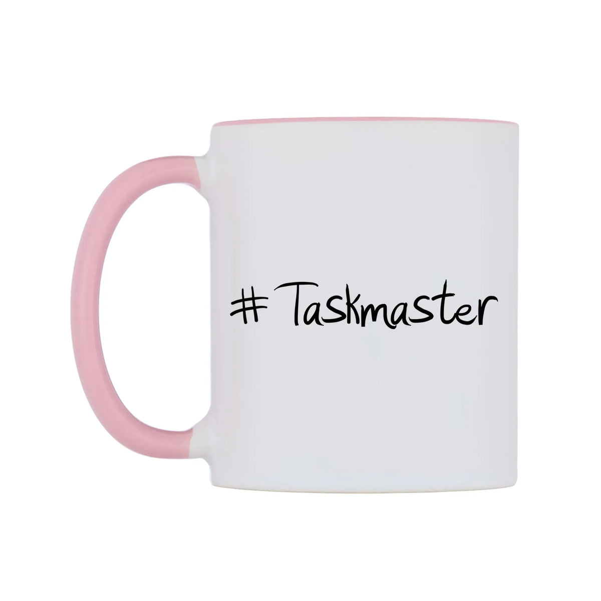 Taskmaster Mug — white 11oz gloss mug with a pink inside and handle, right side, on a white background