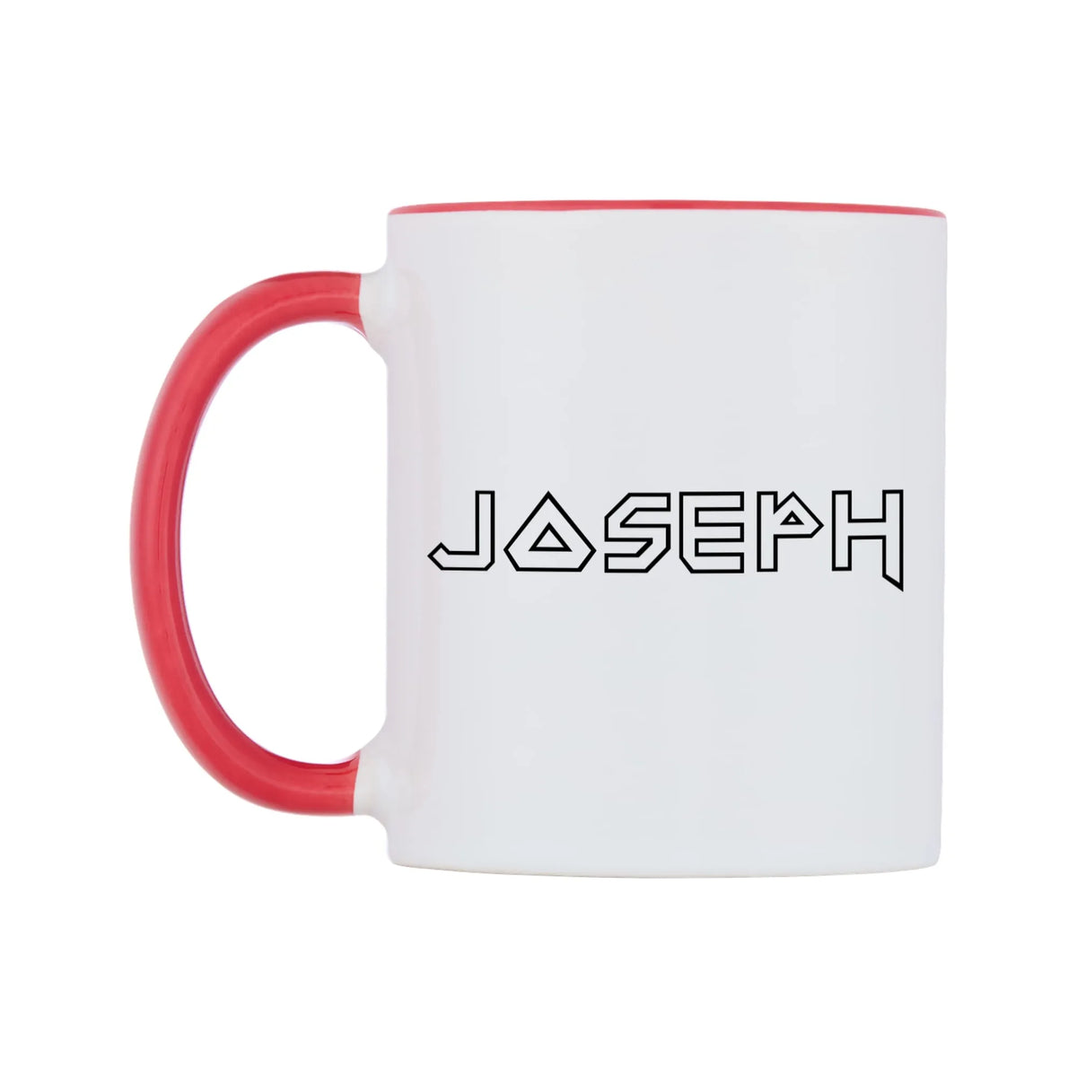 Joseph - Iron Maiden Themed Mug — white 11oz gloss mug with a red inside and handle, right side, on a white background