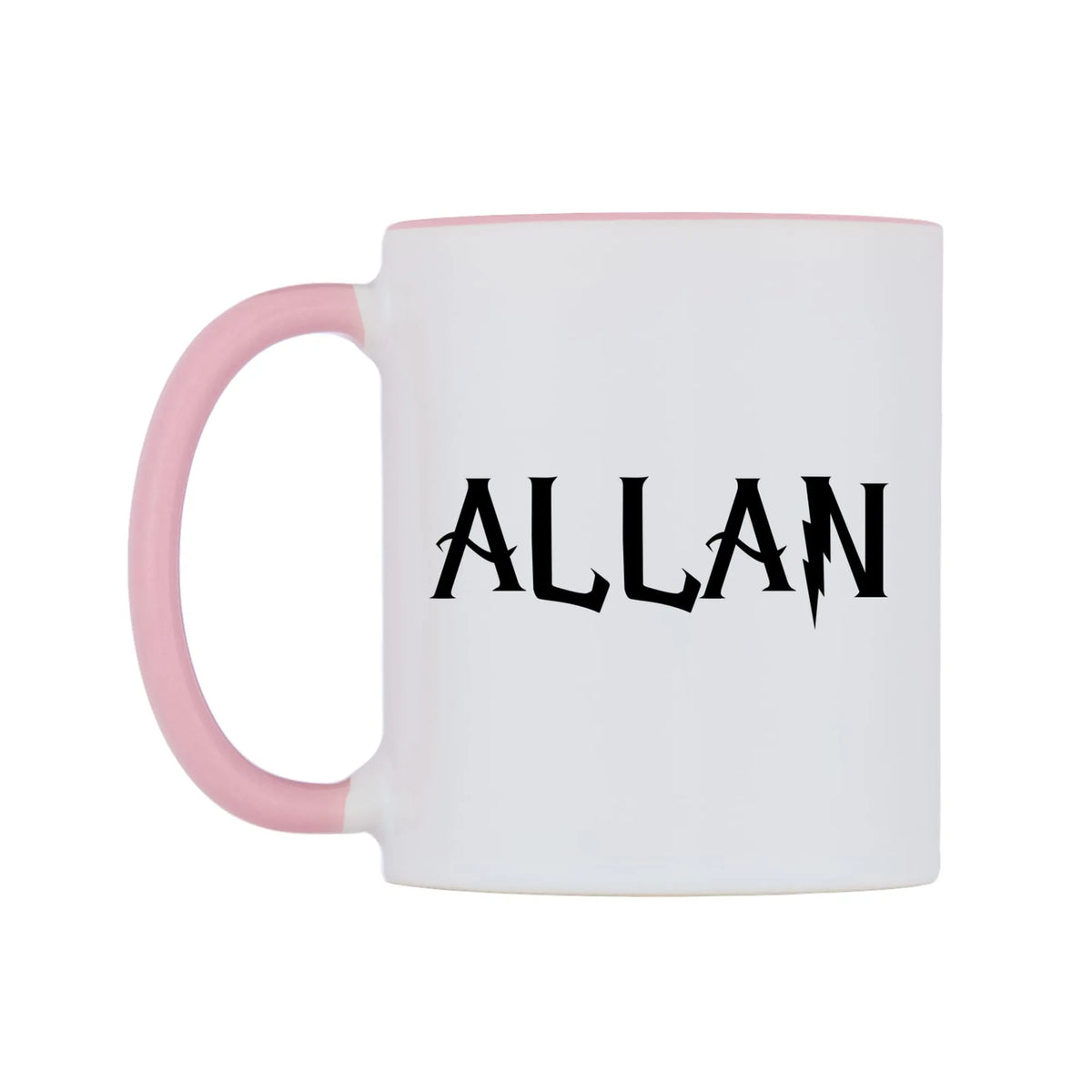 Allan - Wizard Themed Mug — white 11oz gloss mug with a pink inside and handle, right side, on a white background