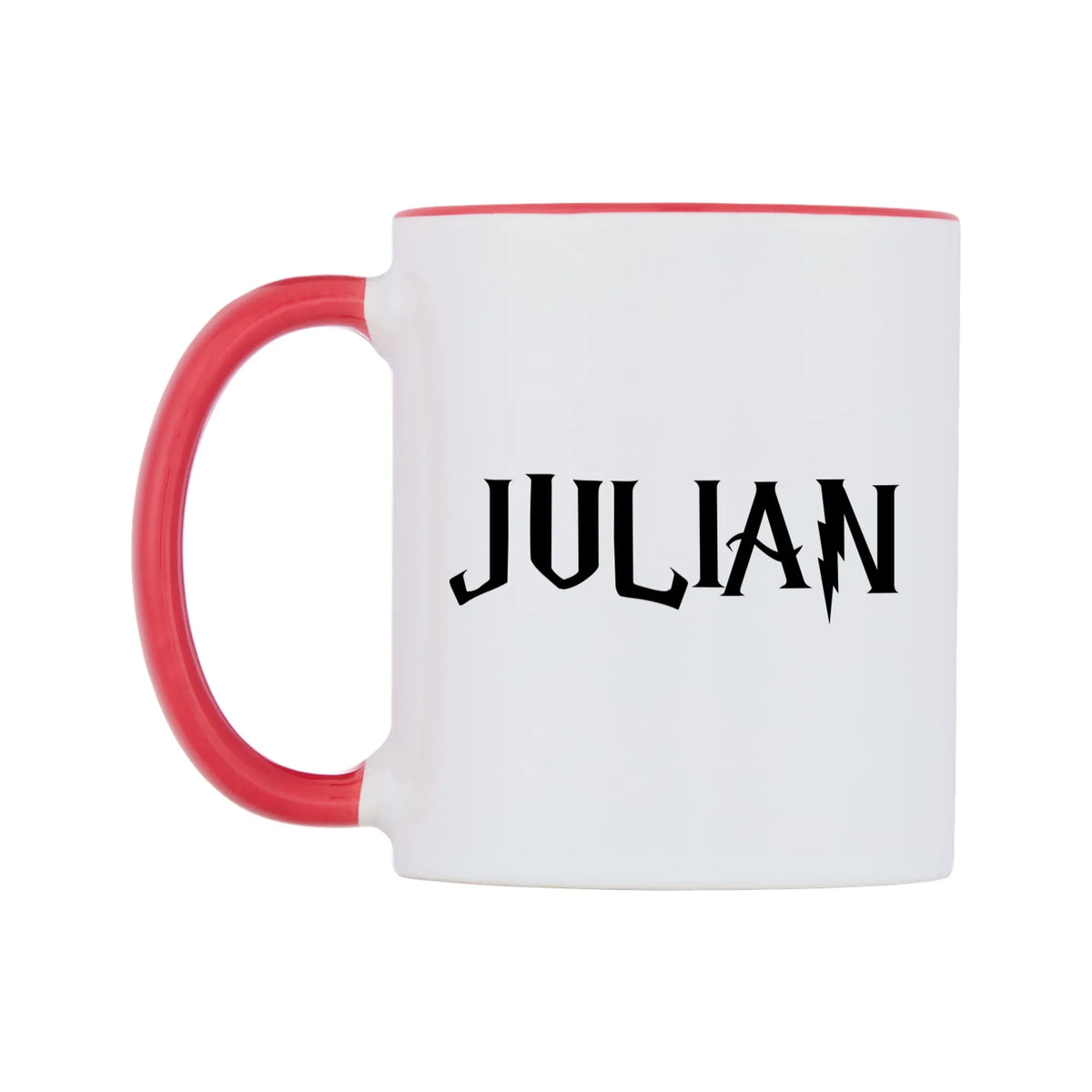 Julian - Wizard Themed Mug — white 11oz gloss mug with a red inside and handle, right side, on a white background