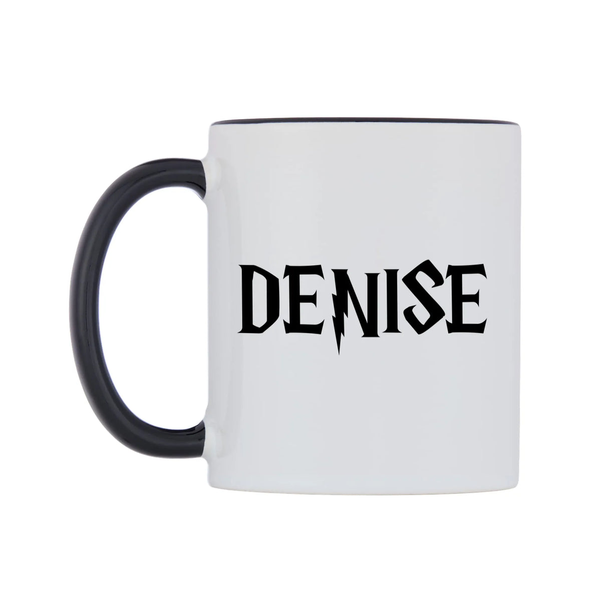 Denise - Wizard Themed Mug — white 11oz gloss mug with a black inside and handle, right side, on a white background