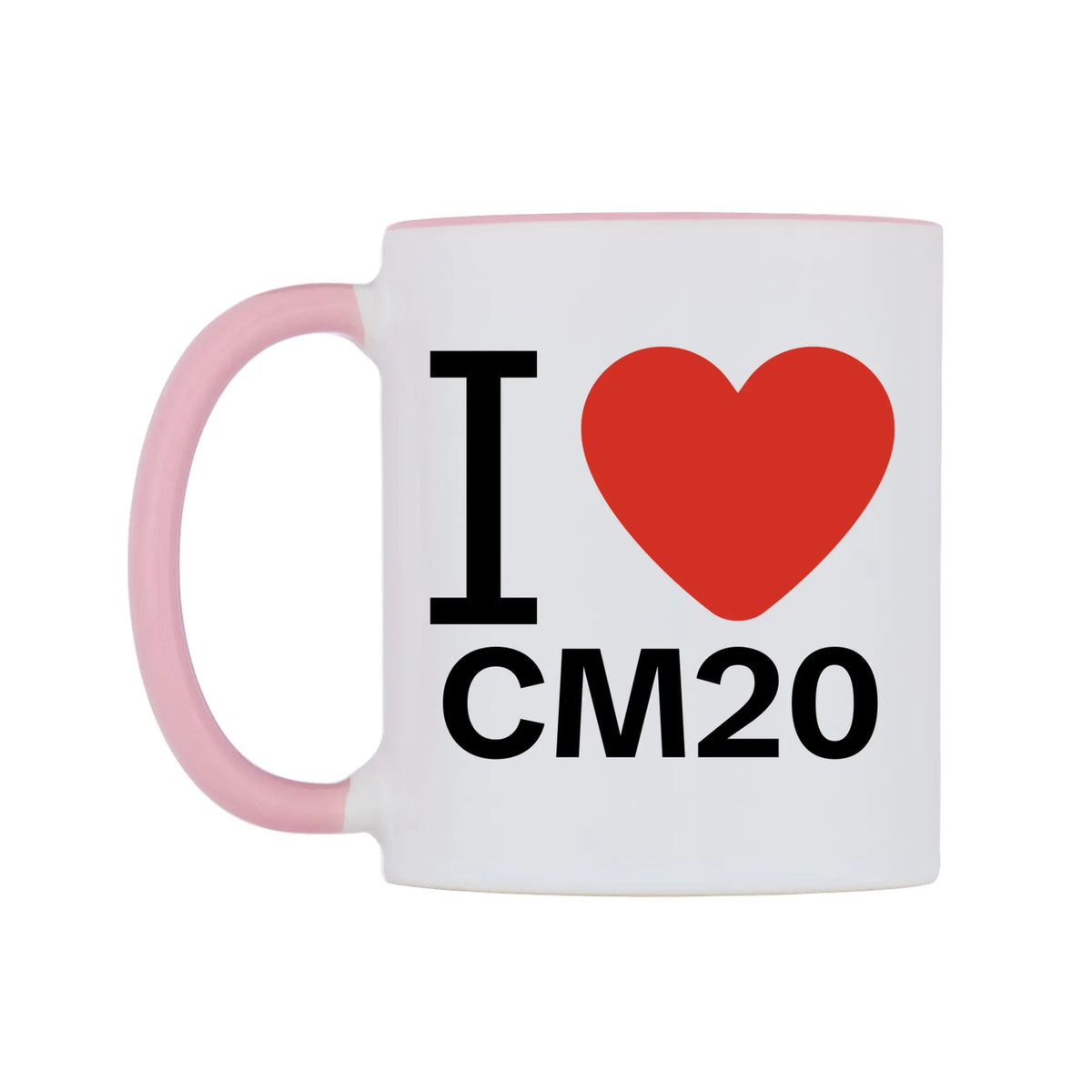 I Love CM20 Mug — white 11oz gloss mug with a pink inside and handle, right side, on a white background