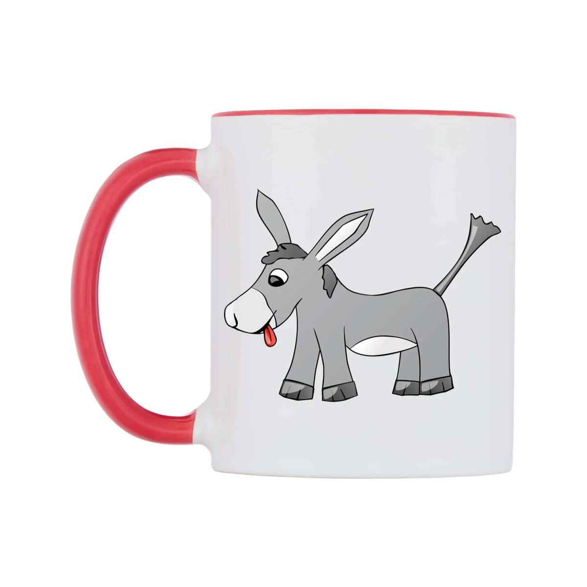 Cute Donkey Mug — white 11oz gloss mug with a red inside and handle, right side, on a white background