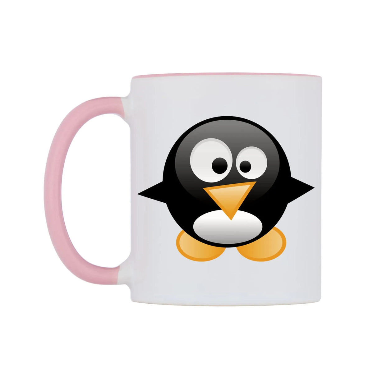 Cute Penguin Mug — white 11oz gloss mug with a pink inside and handle, right side, on a white background