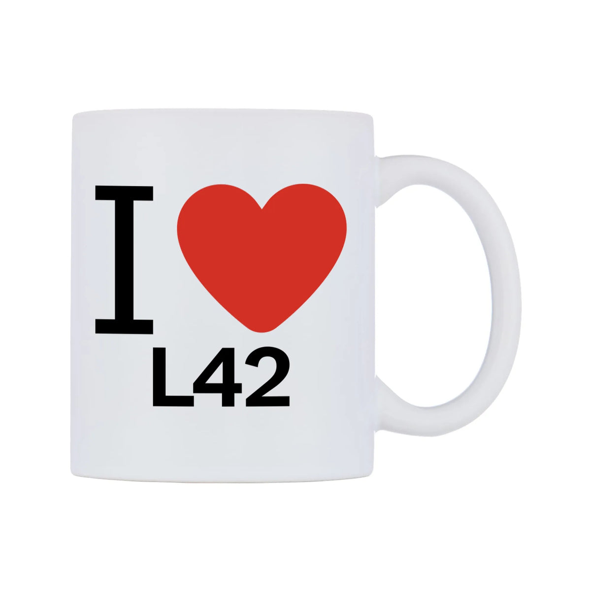 I Love L42 Mug — white 11oz gloss mug, left side, on a white background