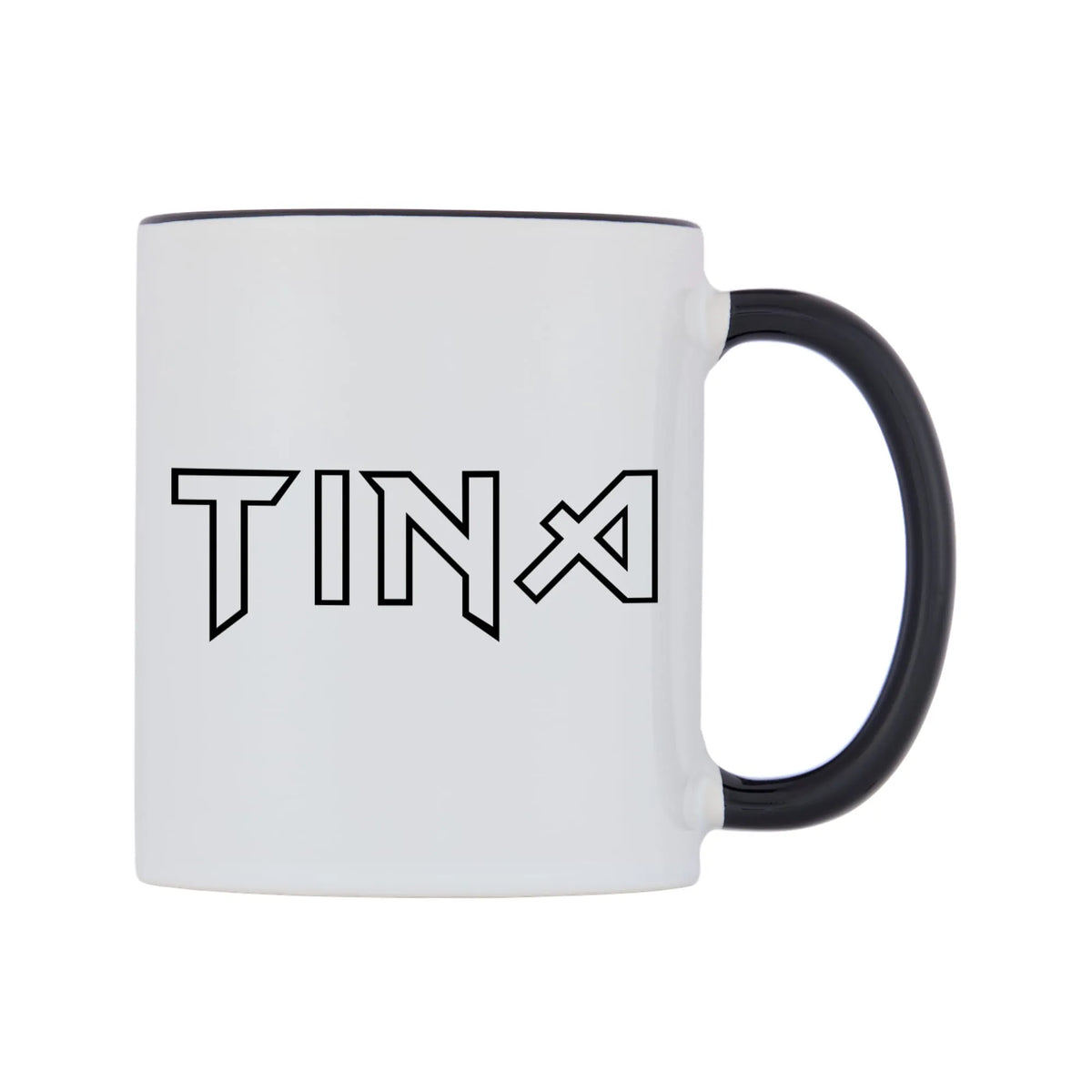Tina - Iron Maiden Themed Mug — white 11oz gloss mug with a black inside and handle, left side, on a white background
