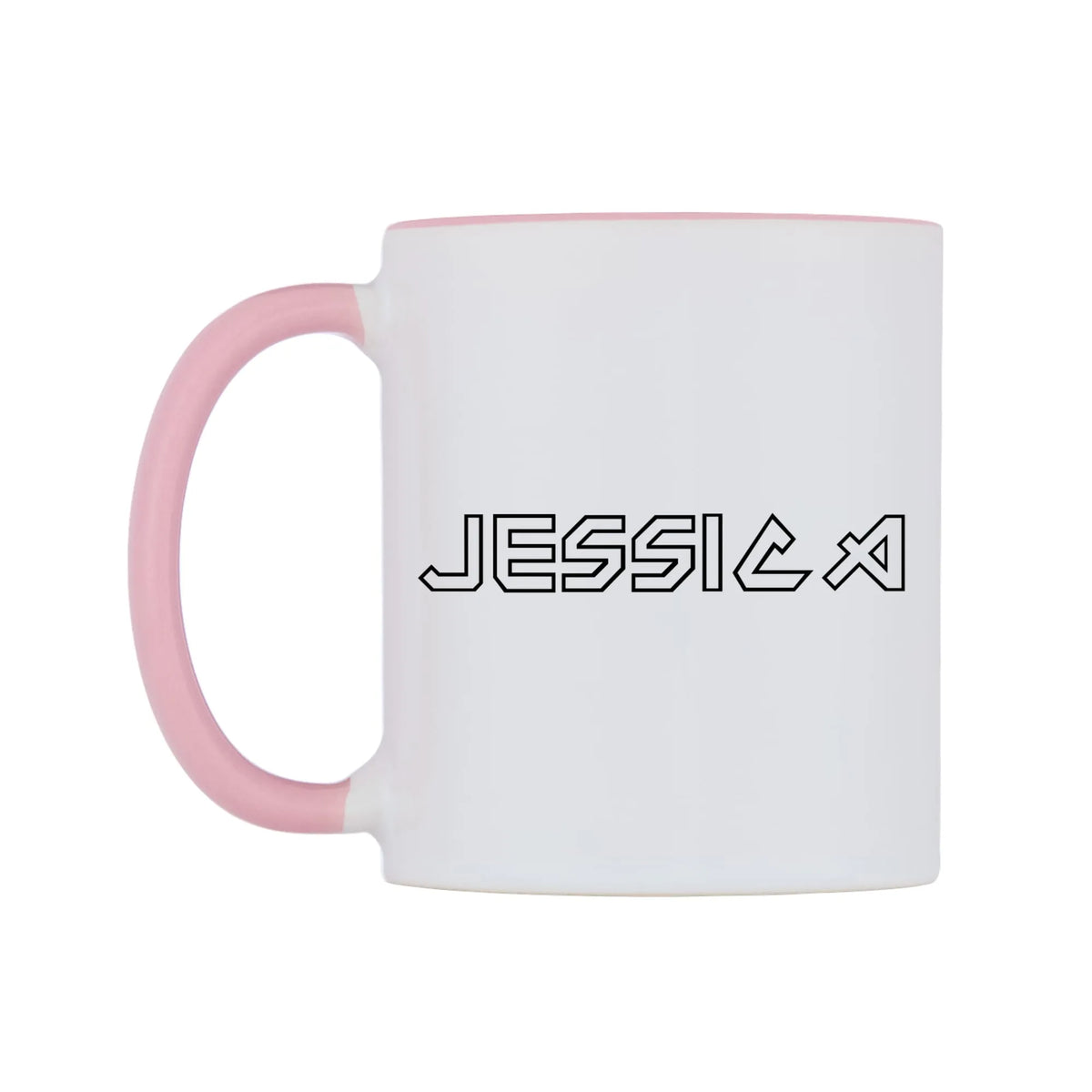 Jessica - Iron Maiden Themed Mug — white 11oz gloss mug with a pink inside and handle, right side, on a white background