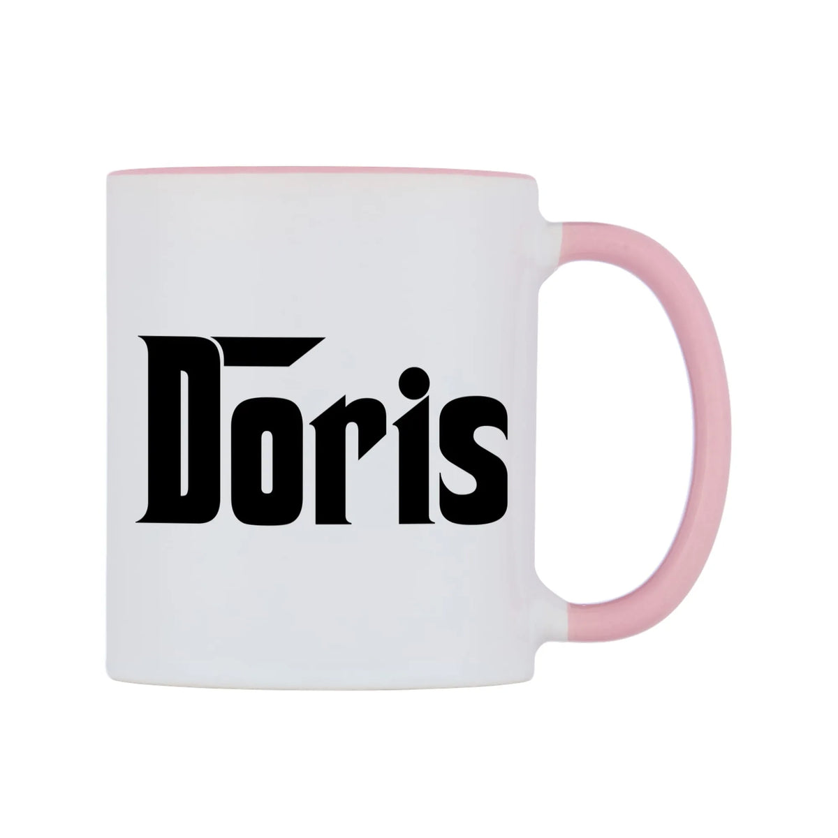 Doris - Godfather Themed Mug — white 11oz gloss mug with a pink inside and handle, left side, on a white background