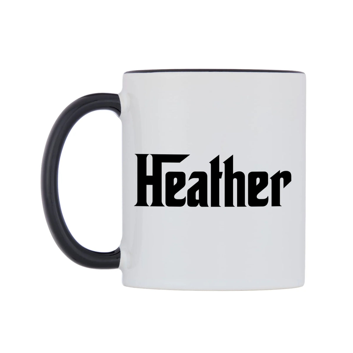 Heather - Godfather Themed Mug — white 11oz gloss mug with a black inside and handle, right side, on a white background