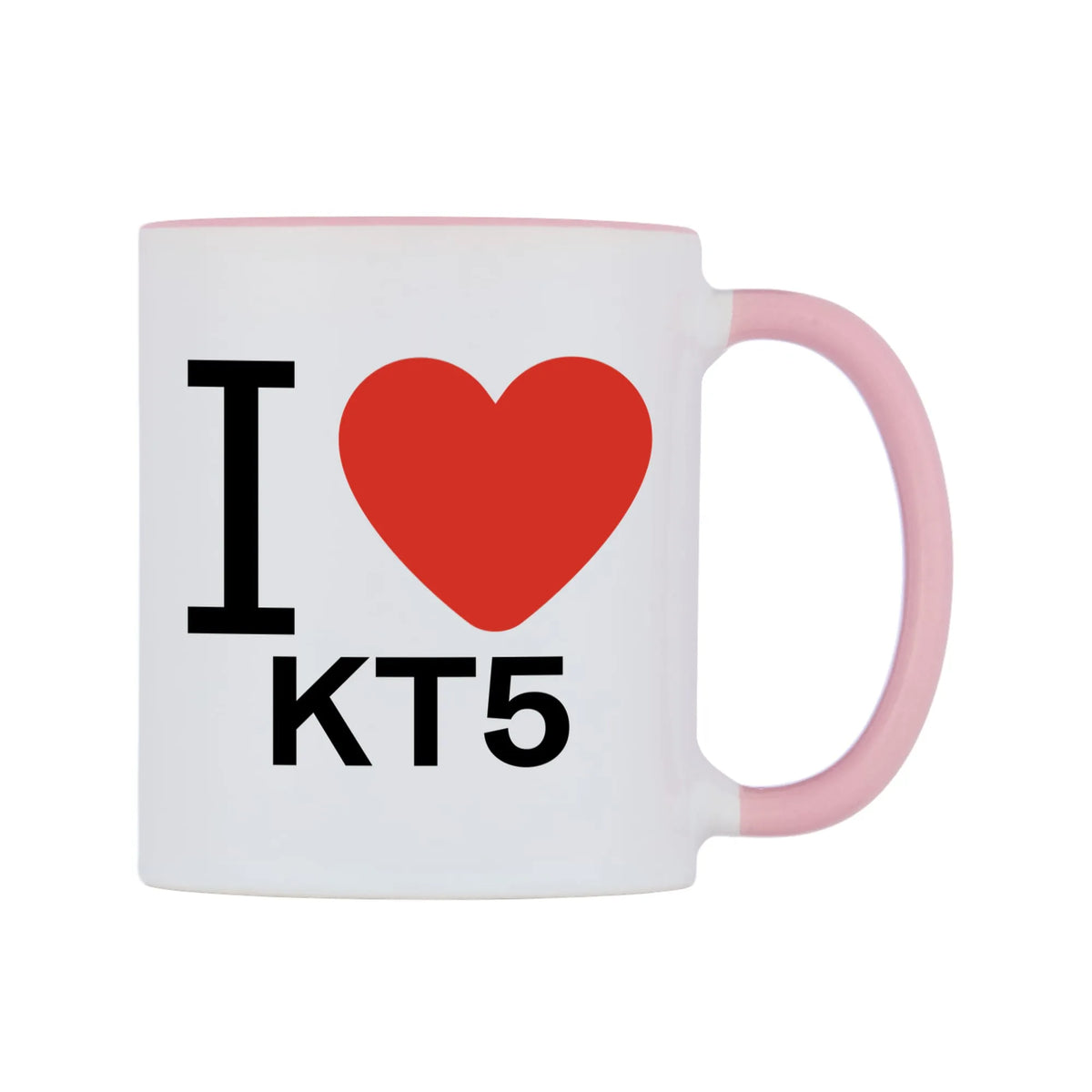I Love KT5 Mug — white 11oz gloss mug with a pink inside and handle, left side, on a white background