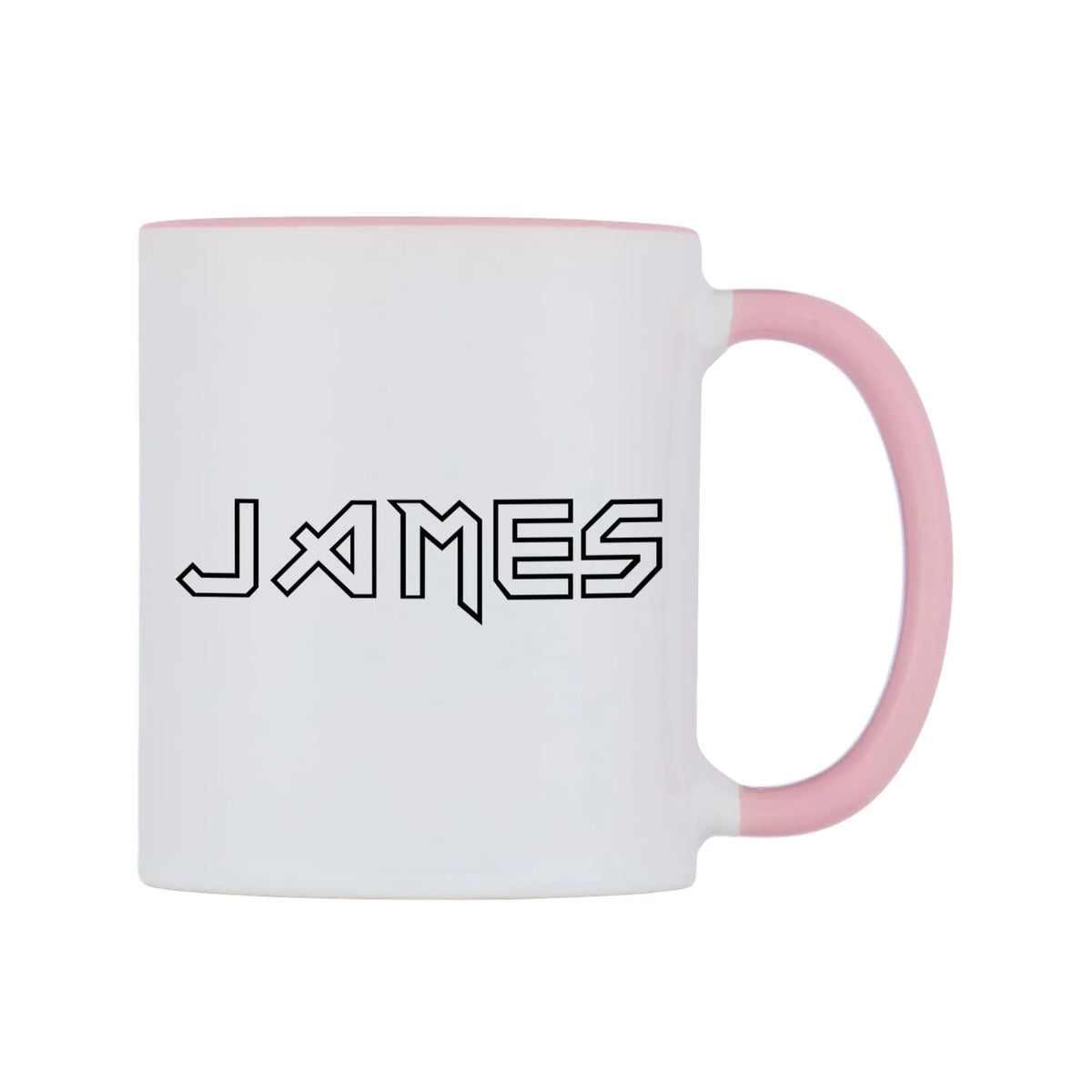 James - Iron Maiden Themed Mug — white 11oz gloss mug with a pink inside and handle, left side, on a white background