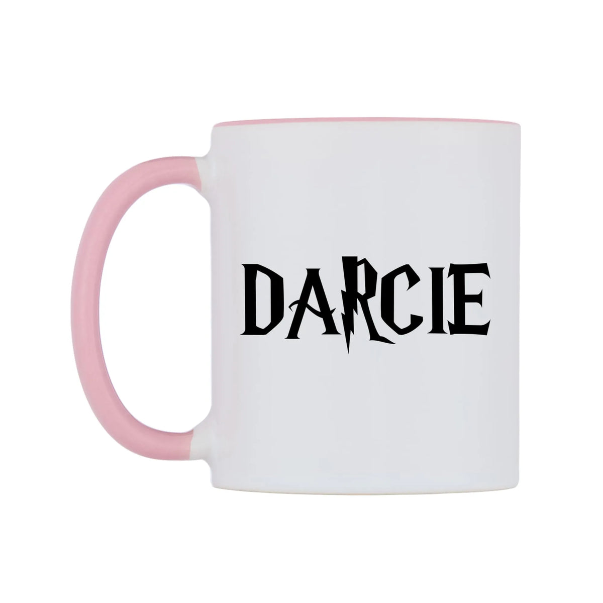 Darcie - Wizard Themed Mug — white 11oz gloss mug with a pink inside and handle, right side, on a white background