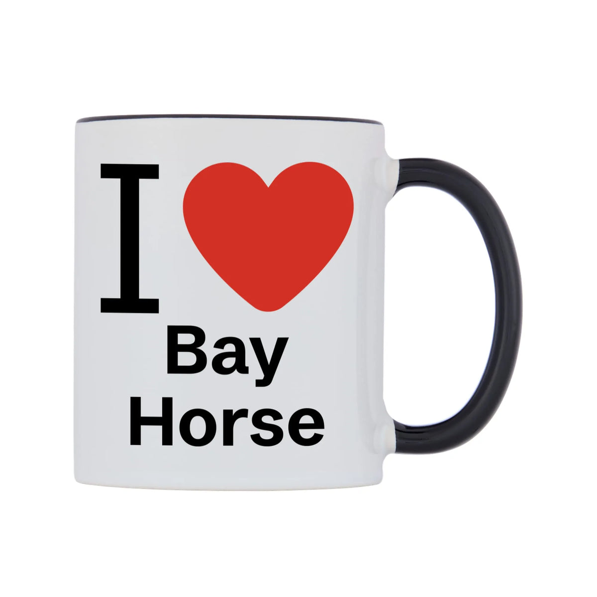 I Love Bay Horse Mug — white 11oz gloss mug with a black inside and handle, left side, on a white background
