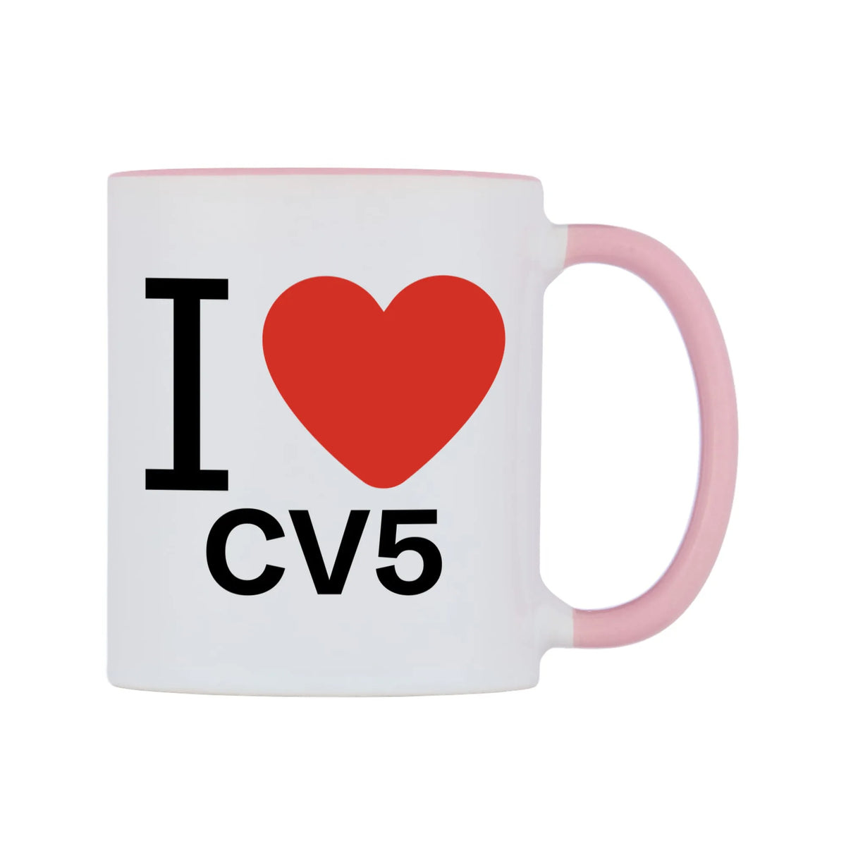 I Love CV5 Mug — white 11oz gloss mug with a pink inside and handle, left side, on a white background