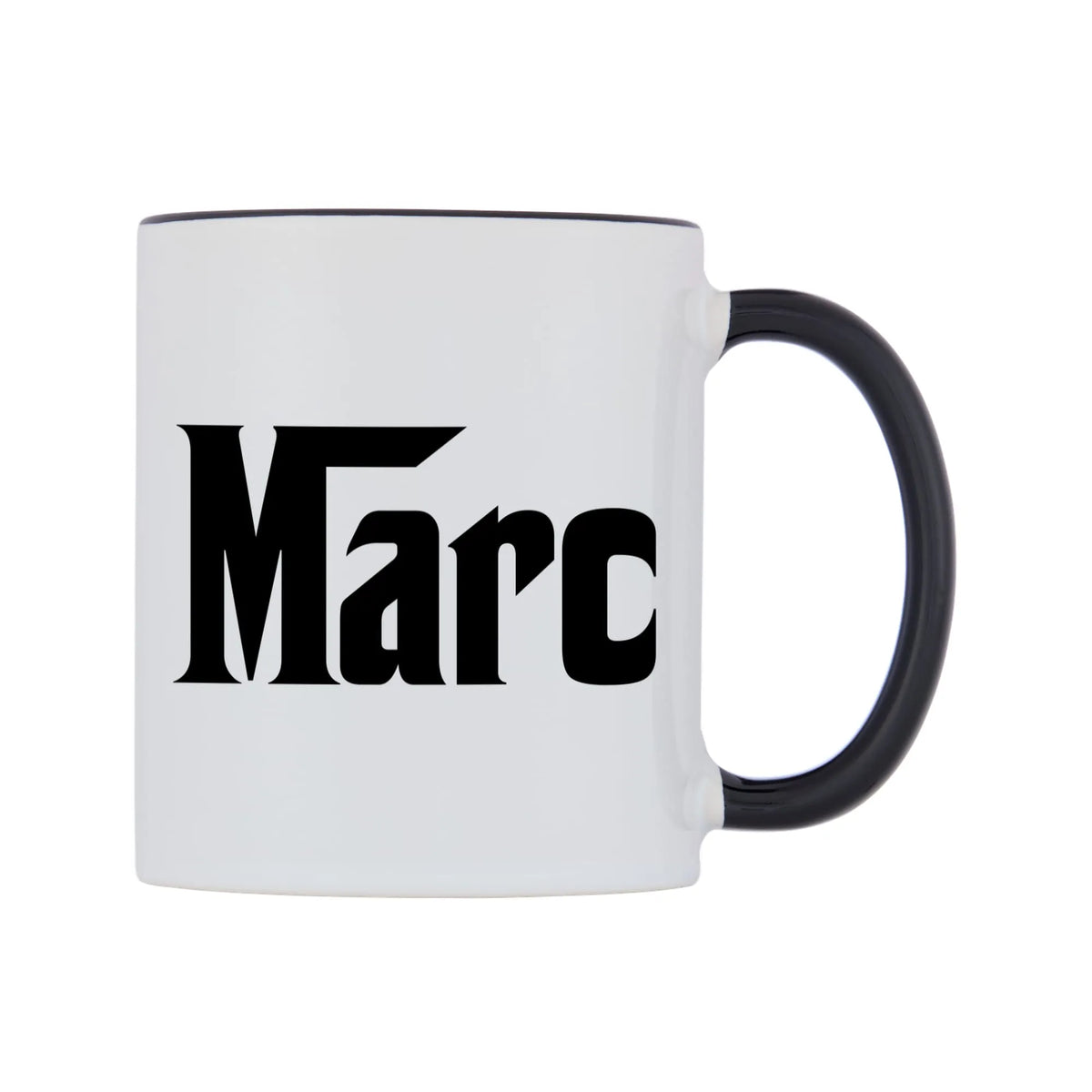Marc - Godfather Themed Mug — white 11oz gloss mug with a black inside and handle, left side, on a white background