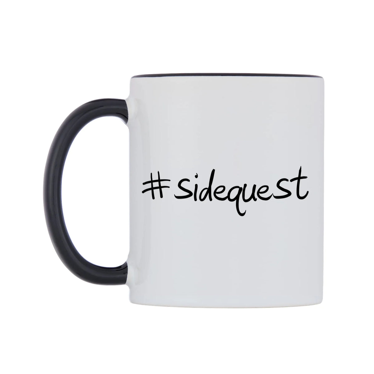 sidequest Mug — white 11oz gloss mug with a black inside and handle, right side, on a white background