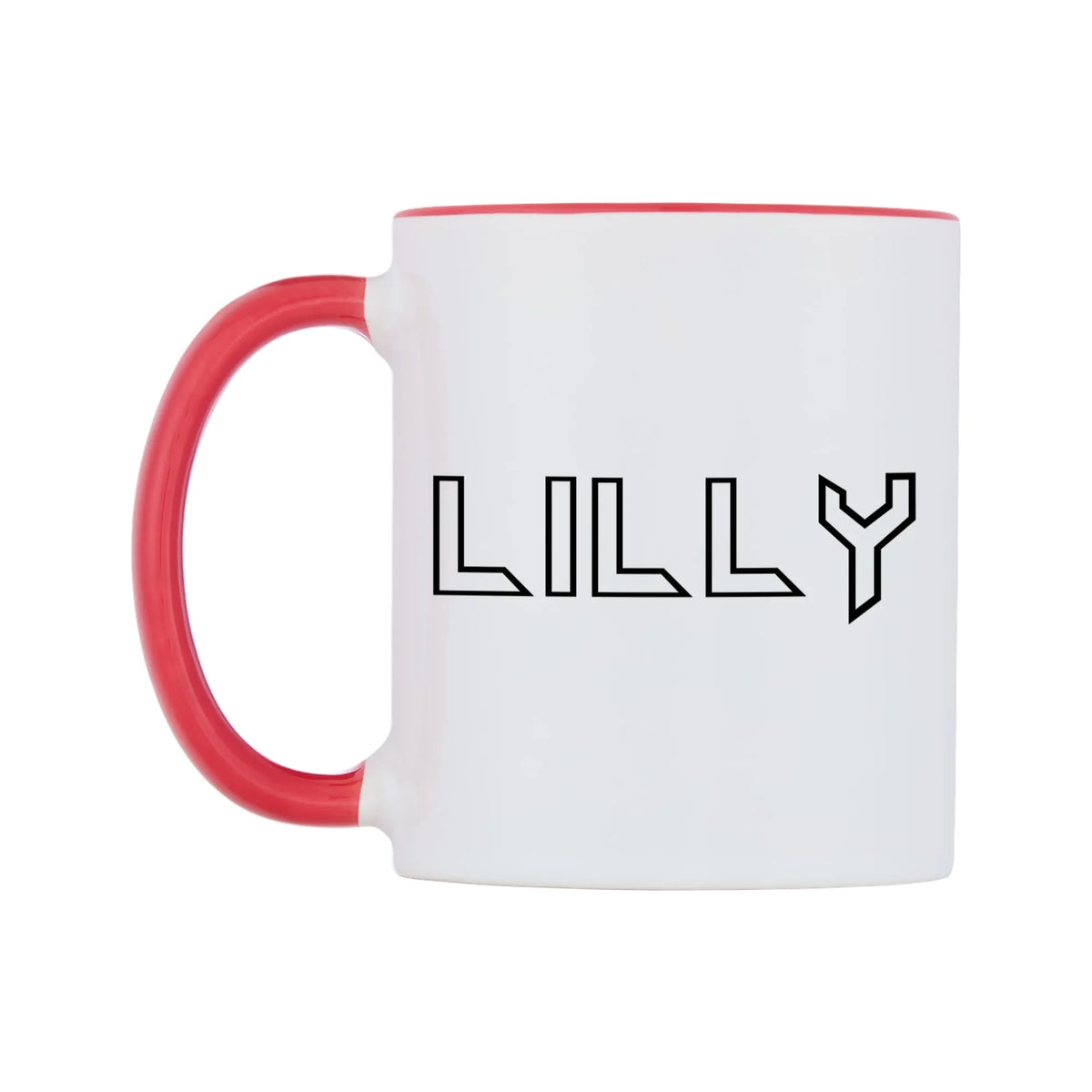 Lilly - Iron Maiden Themed Mug — white 11oz gloss mug with a red inside and handle, right side, on a white background