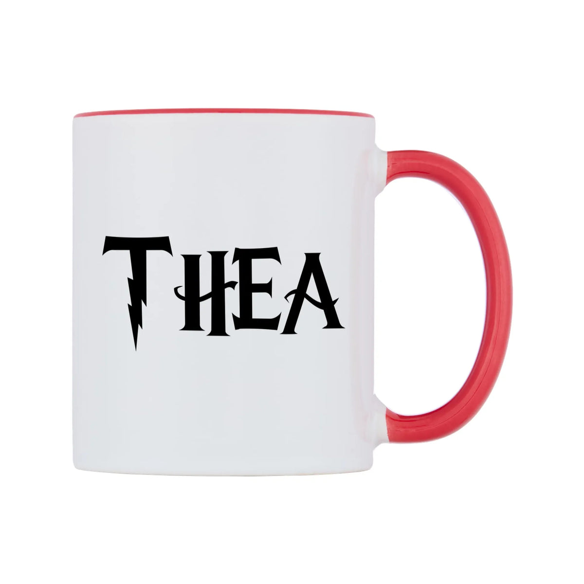 Thea - Wizard Themed Mug — white 11oz gloss mug with a red inside and handle, left side, on a white background