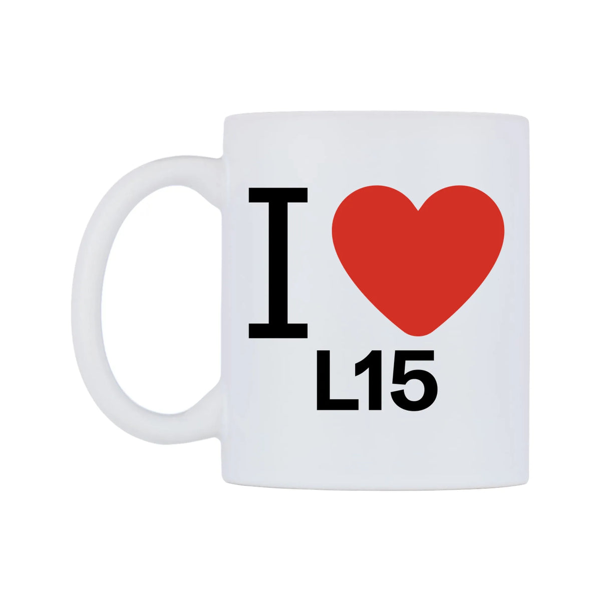 I Love L15 Mug — white 11oz gloss mug, right side, on a white background