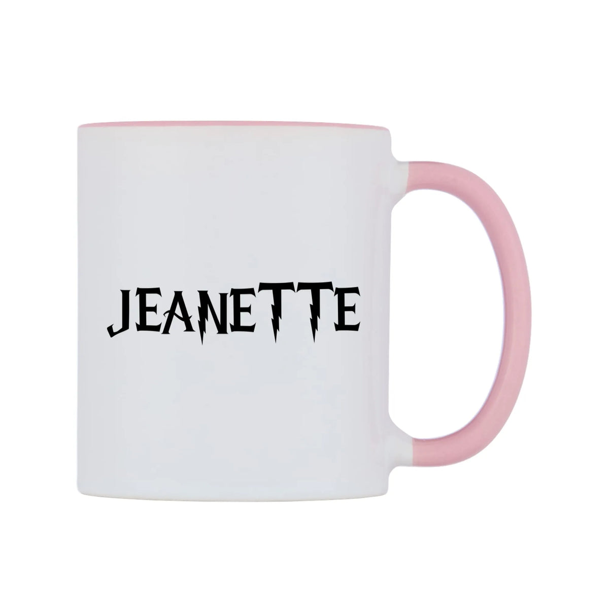 Jeanette - Wizard Themed Mug — white 11oz gloss mug with a pink inside and handle, left side, on a white background