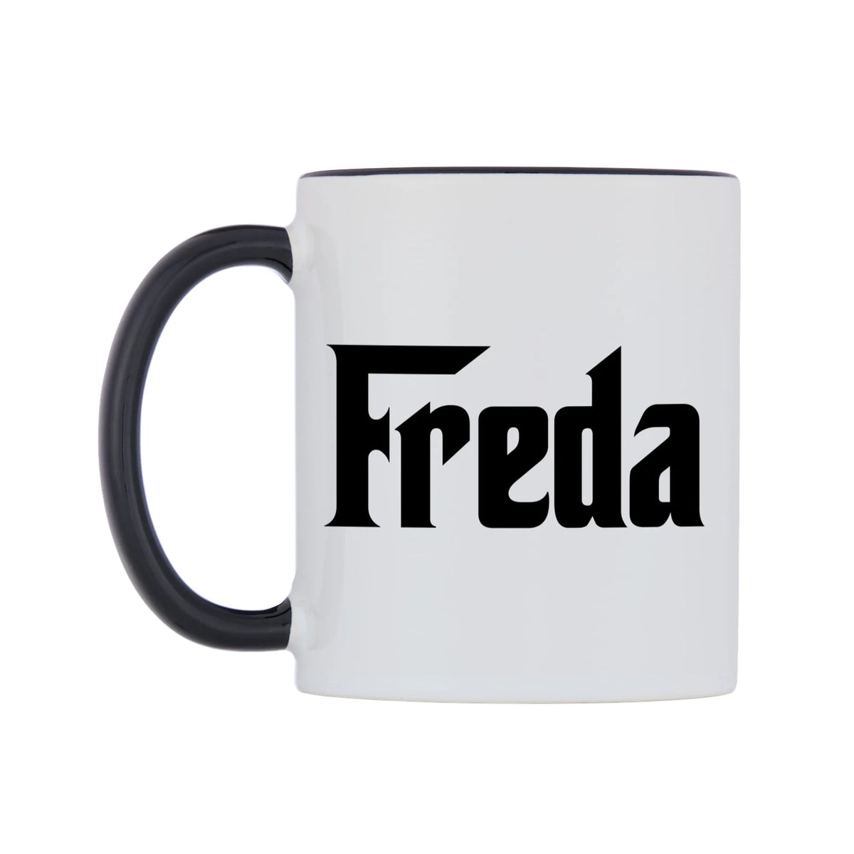 Freda - Godfather Themed Mug — white 11oz gloss mug with a black inside and handle, right side, on a white background