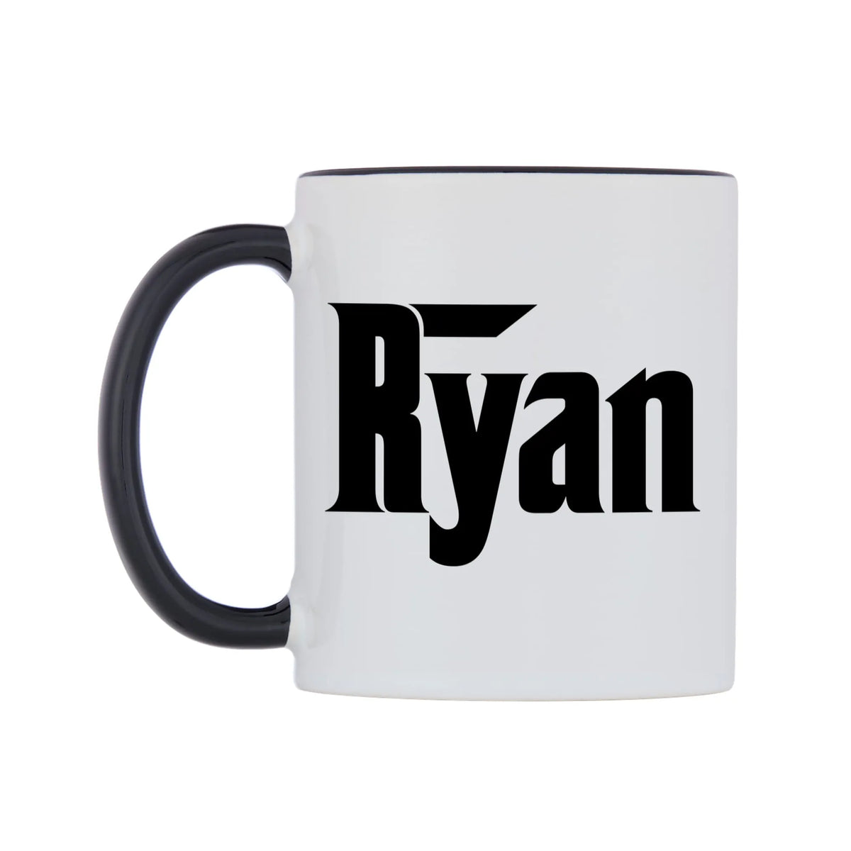 Ryan - Godfather Themed Mug — white 11oz gloss mug with a black inside and handle, right side, on a white background