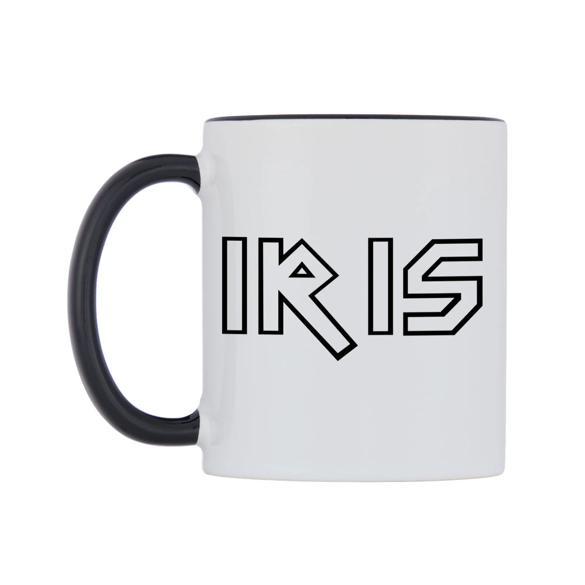 Iris - Iron Maiden Themed Mug — white 11oz gloss mug with a black inside and handle, right side, on a white background