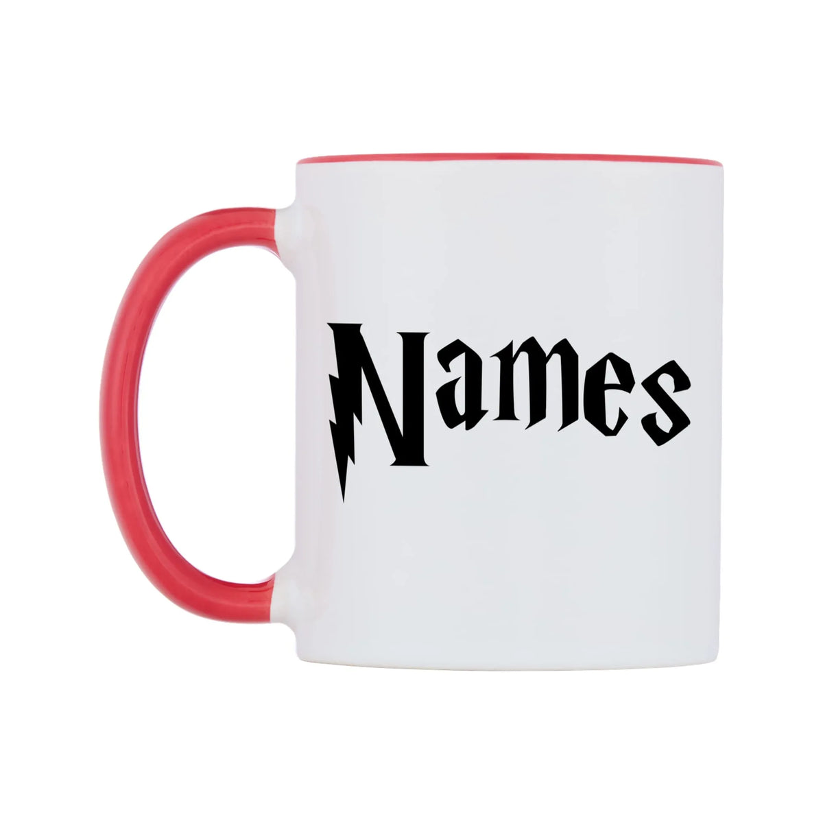 Personlised Wizard Themed Font Name Mug — white 11oz gloss mug with a red inside and handle, right side, on a white background