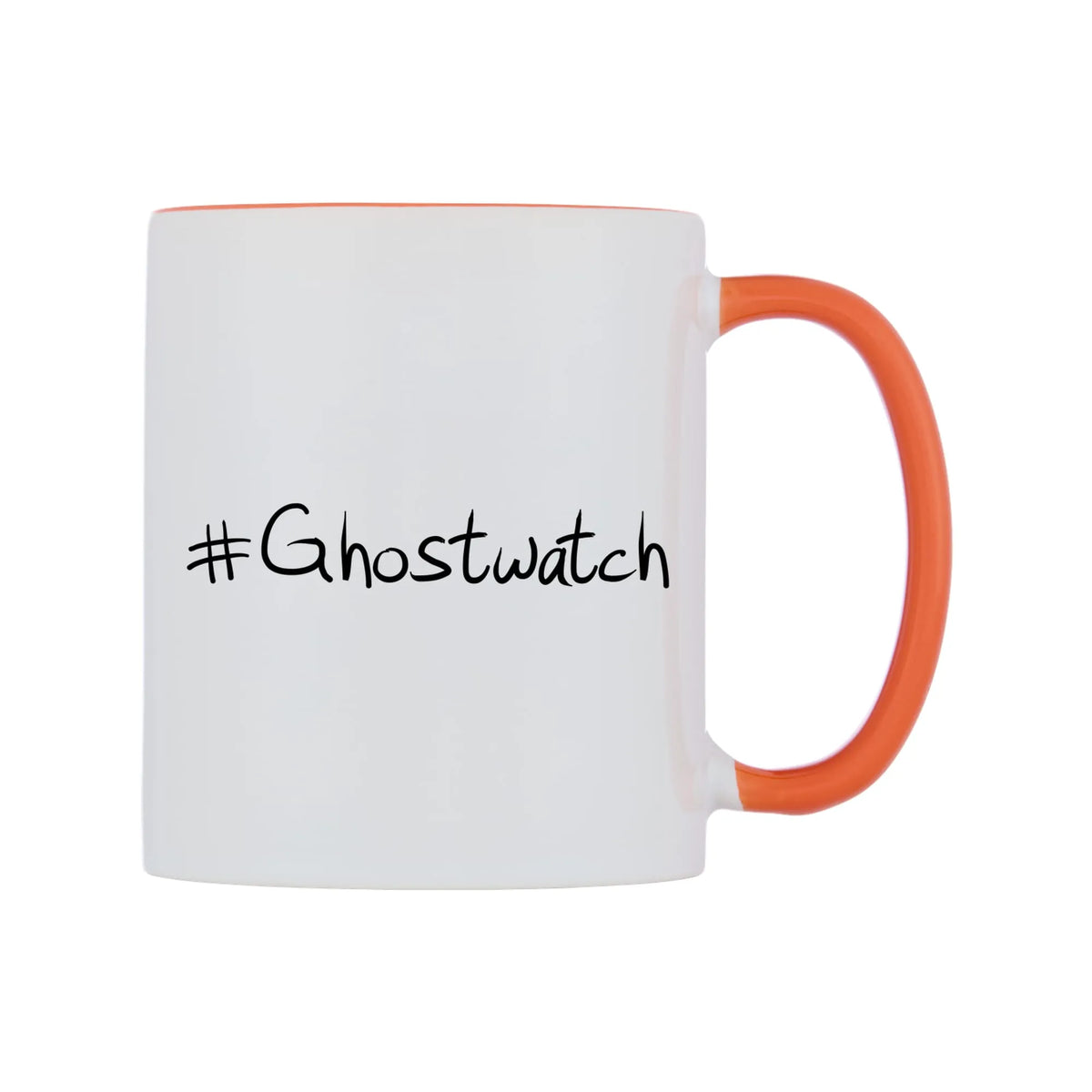 Ghostwatch Mug — white 11oz gloss mug with a orange inside and handle, left side, on a white background
