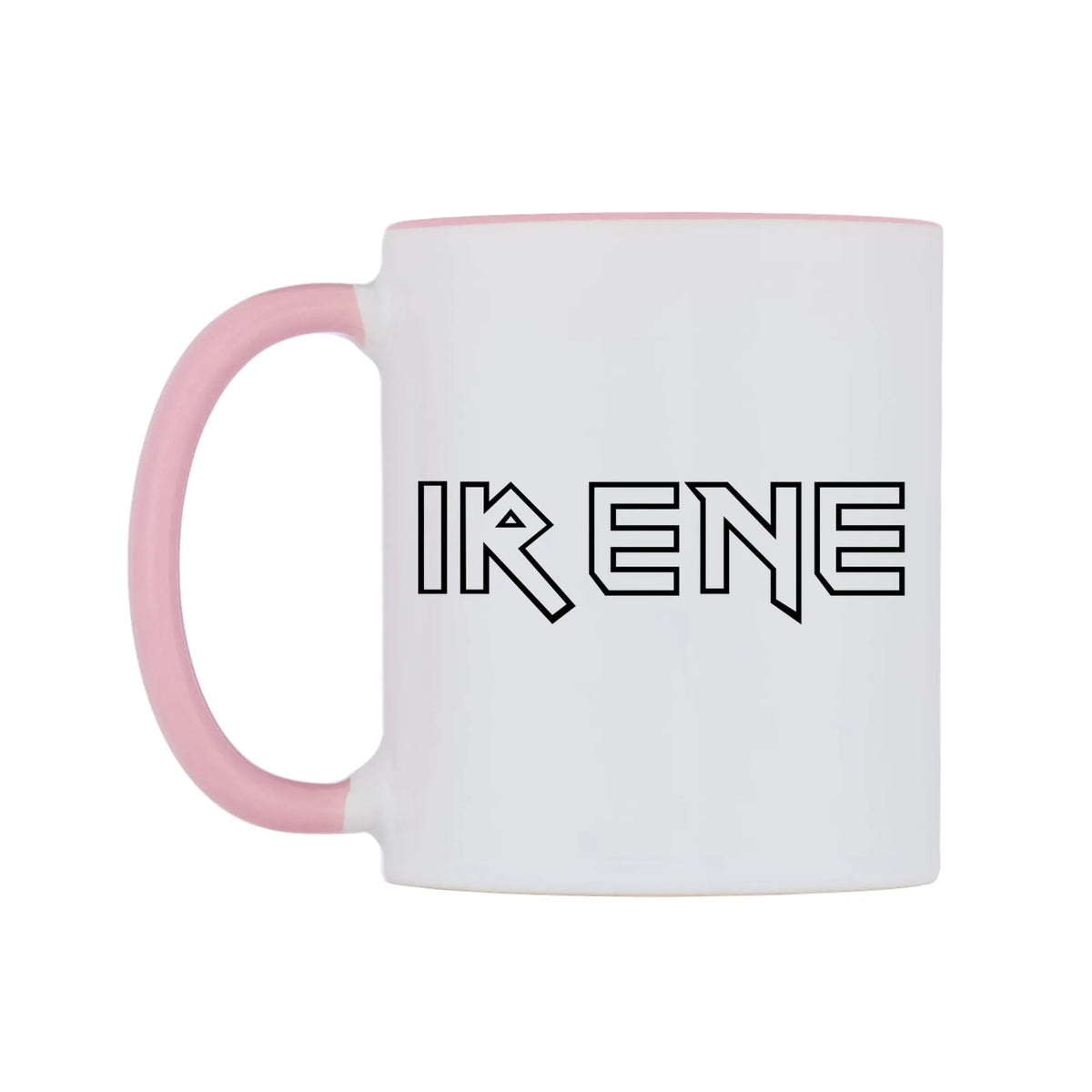 Irene - Iron Maiden Themed Mug — white 11oz gloss mug with a pink inside and handle, right side, on a white background