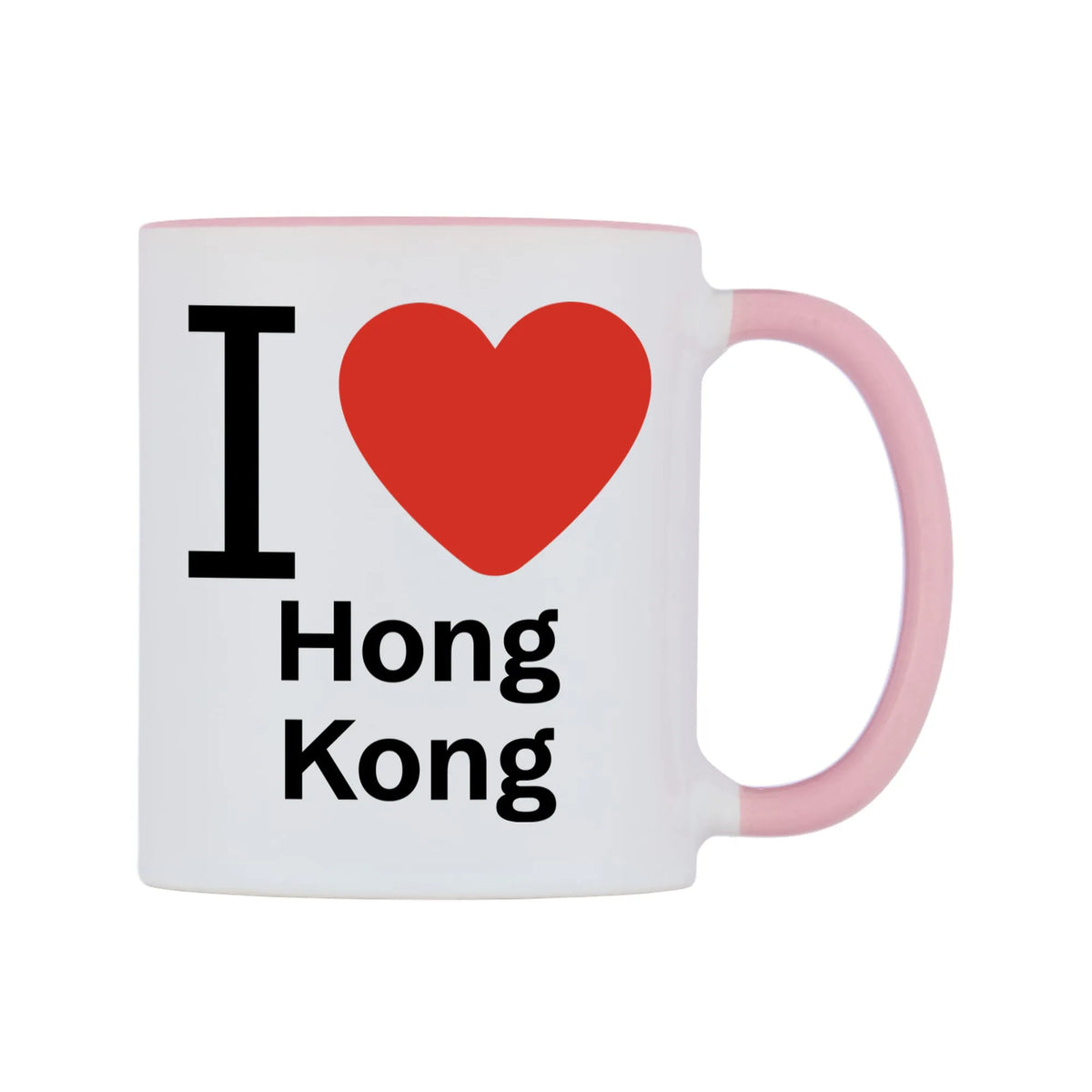 I Love Hong Kong Mug — white 11oz gloss mug with a pink inside and handle, left side, on a white background