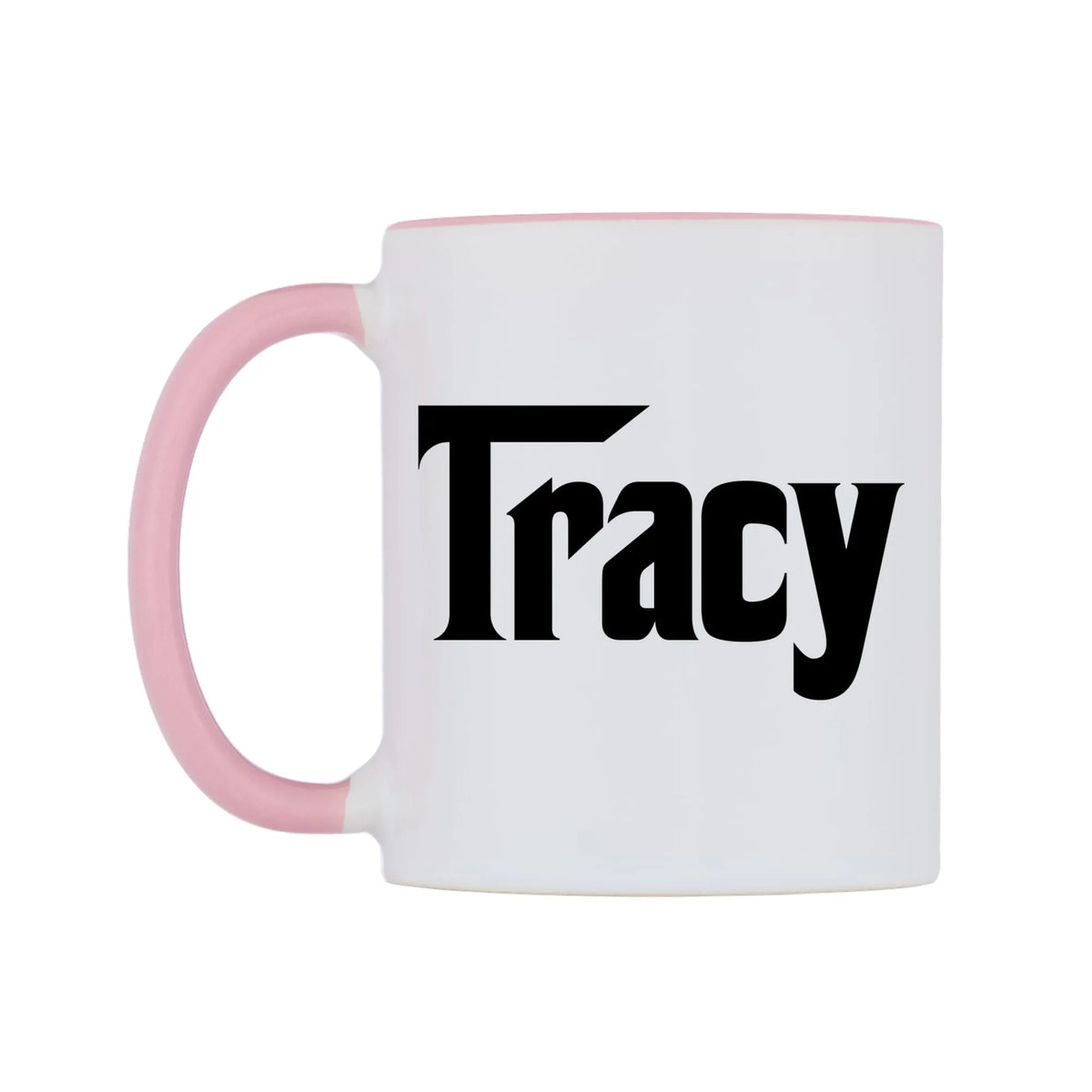 Tracy - Godfather Themed Mug — white 11oz gloss mug with a pink inside and handle, right side, on a white background