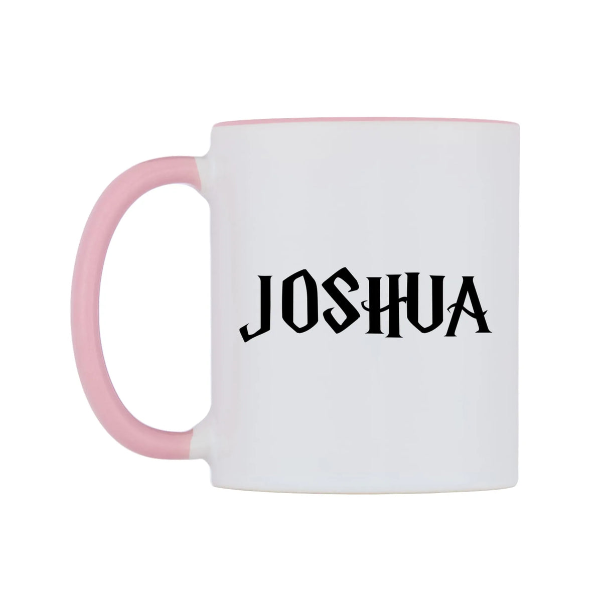 Joshua - Wizard Themed Mug — white 11oz gloss mug with a pink inside and handle, right side, on a white background