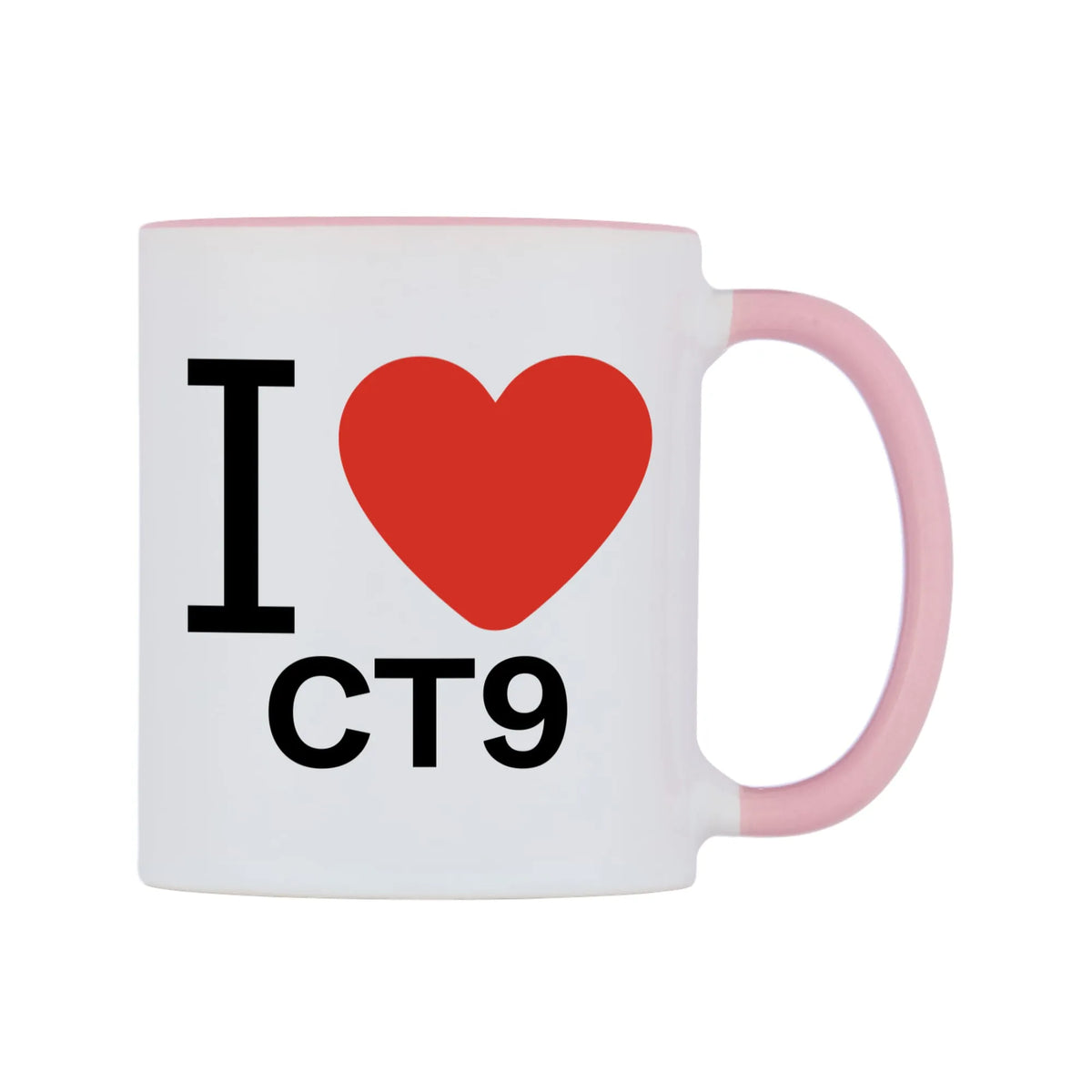 I Love CT9 Mug — white 11oz gloss mug with a pink inside and handle, left side, on a white background