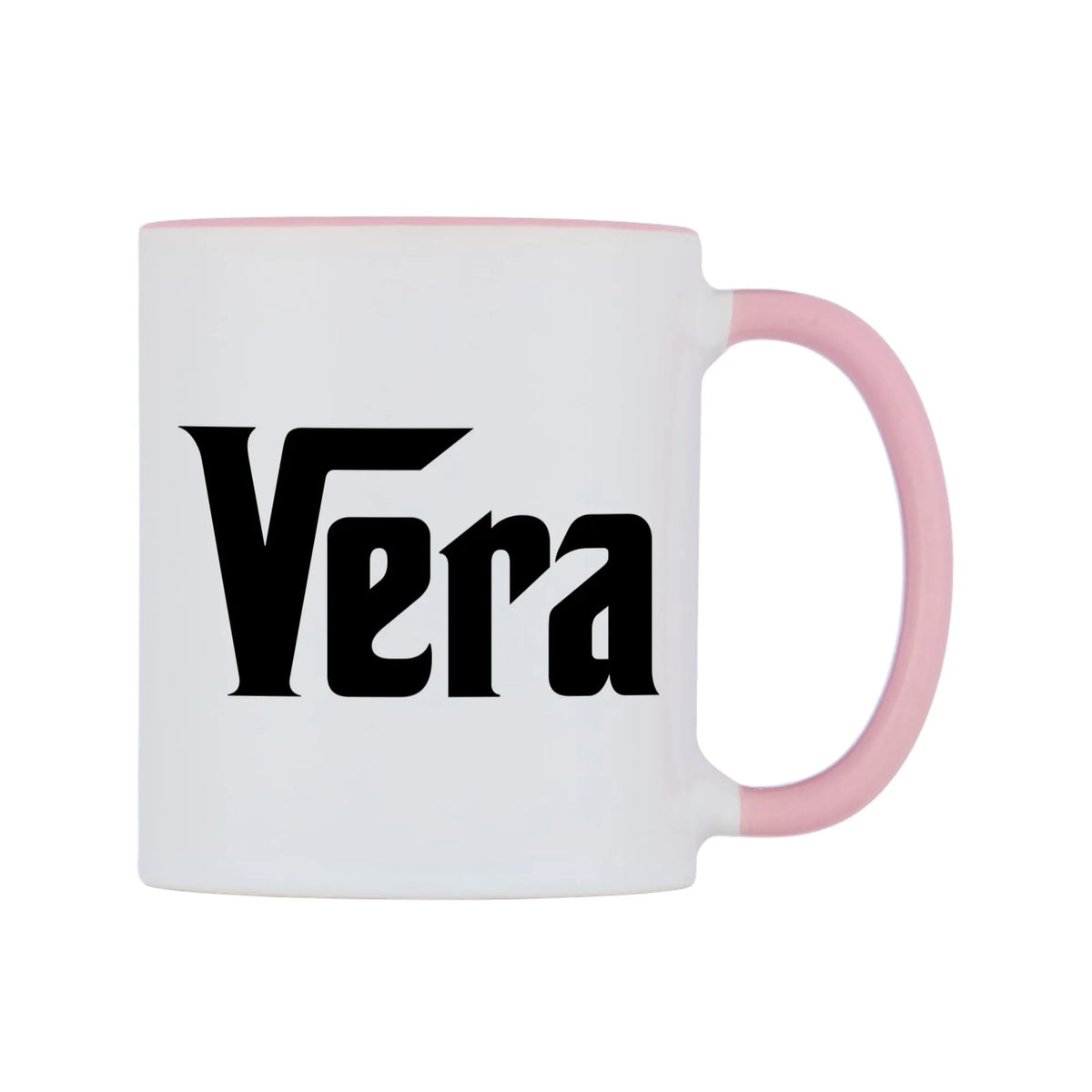 Vera - Godfather Themed Mug — white 11oz gloss mug with a pink inside and handle, left side, on a white background