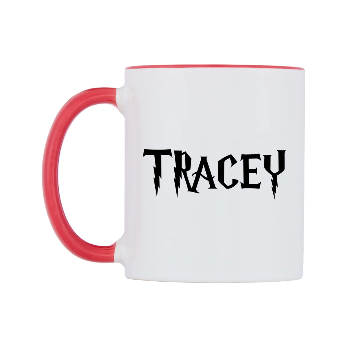 Tracey - Wizard Themed Mug — white 11oz gloss mug with a red inside and handle, right side, on a white background