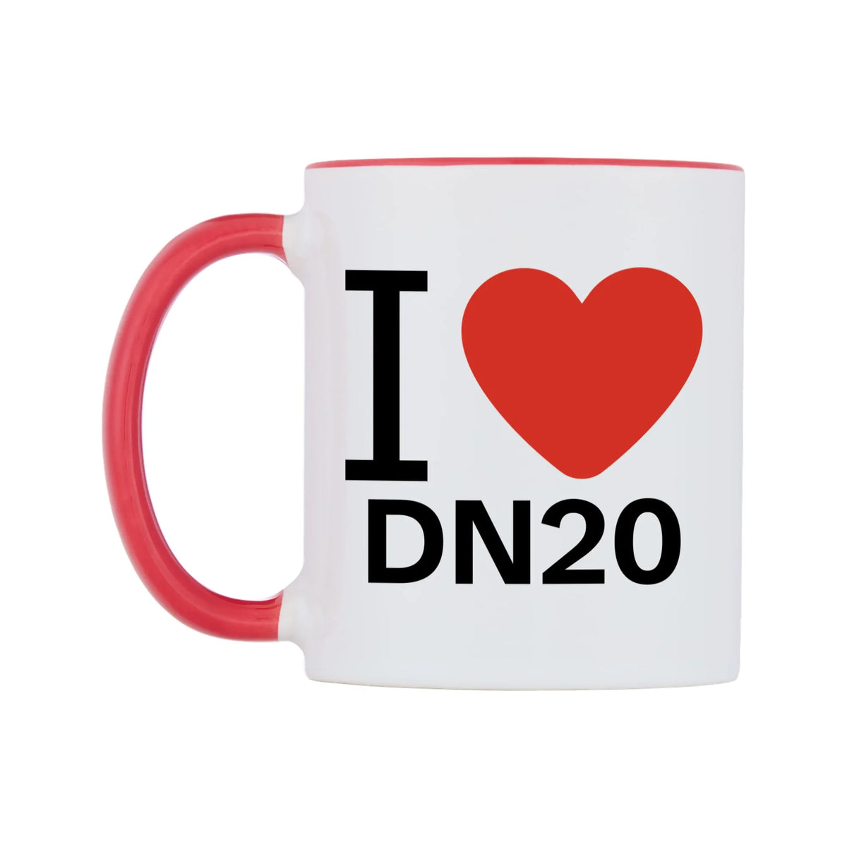 I Love DN20 Mug — white 11oz gloss mug with a red inside and handle, right side, on a white background
